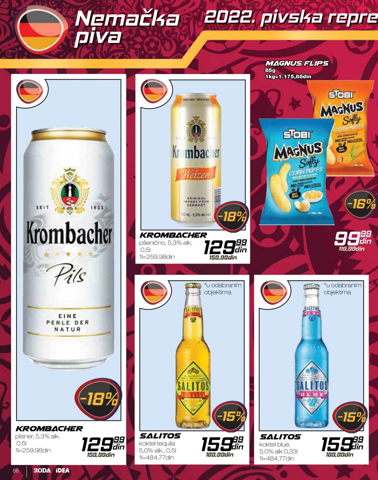 thumbnail - Roda katalog - 21.11.2022 - 11.12.2022 - Proizvodi na akciji - flips, alkohol, Krombacher, pivo, pšenično pivo, koktel, tequila. Stranica 86.