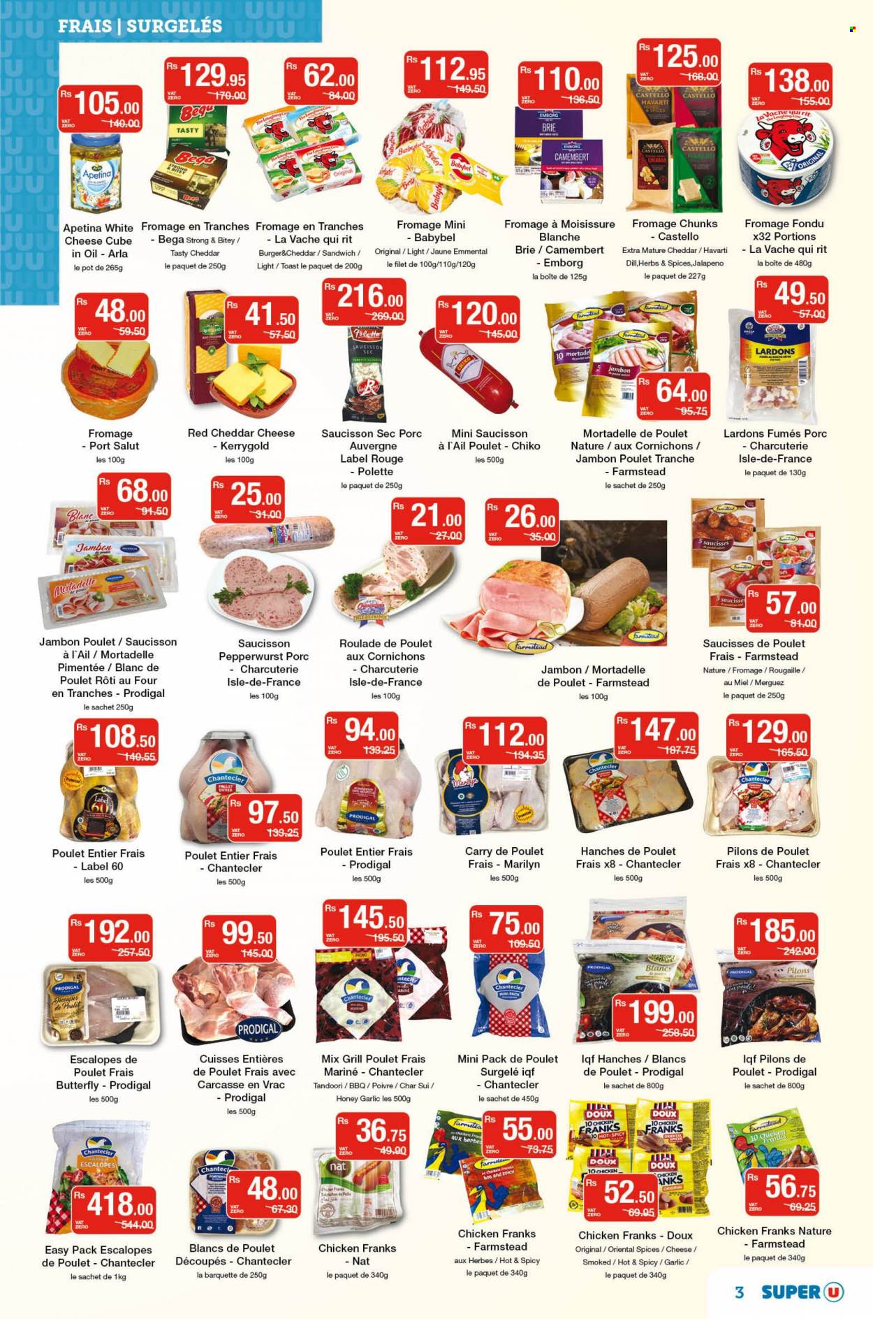 Super U Catalogue - 23.09.2022 - 6.10.2022 - Sales products - garlic, jalapeño, sandwich, hamburger, chicken franks, havarti cheese, cheddar, cheese, brie cheese, The Laughing Cow, Babybel, Arla, dill, herbs, honey, pot, camembert. Page 3.