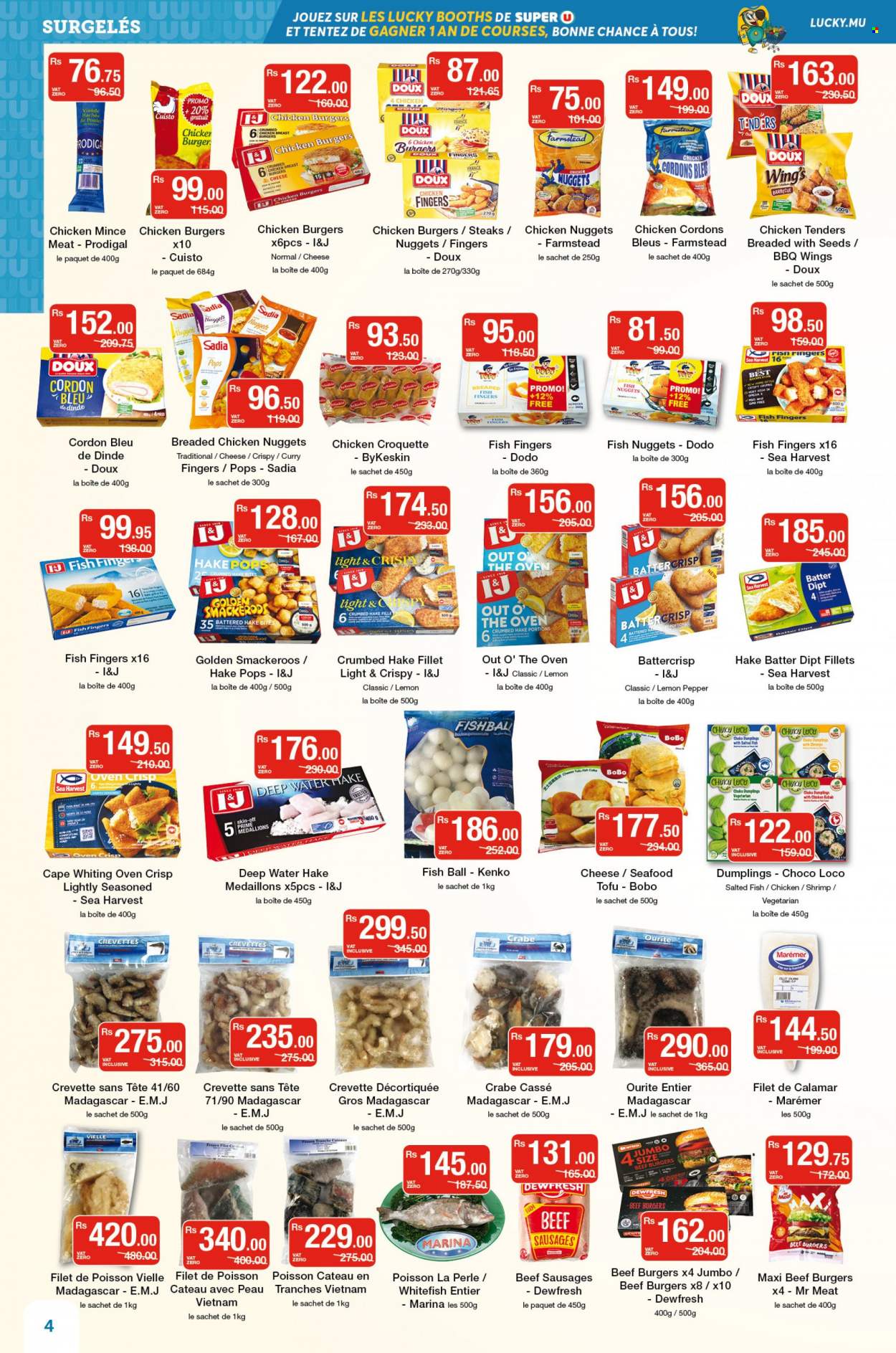 Super U Catalogue - 23.09.2022 - 6.10.2022 - Sales products - bread, cake, chayote, whitefish, seafood, hake, shrimps, fish nuggets, fish fingers, whiting, Sea Harvest, fish sticks, chicken tenders, hamburger, fried chicken, chicken nuggets, dumpling, chicken kebabs, beef burger, breaded fish, Out o' the Oven, sausage, beef sausages, cheese, tofu, fish cake, Dove, ground chicken, chicken meat, steak, cordon bleu. Page 4.