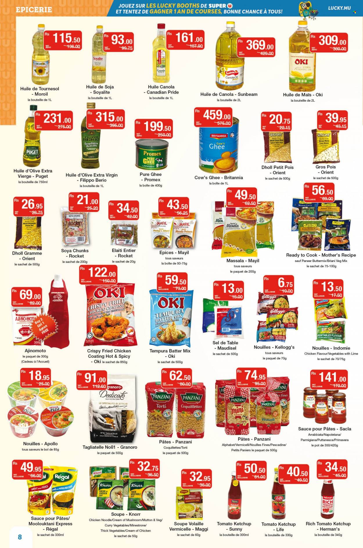 thumbnail - Super U Catalogue - 23.09.2022 - 6.10.2022 - Sales products - sauce, fried chicken, noodles, paneer, ghee, parmigiana, Kellogg's, Maggi, soya chunks, extra virgin olive oil, olive oil, oil, mutton meat, pot, Sunbeam, ketchup, Knorr. Page 8.