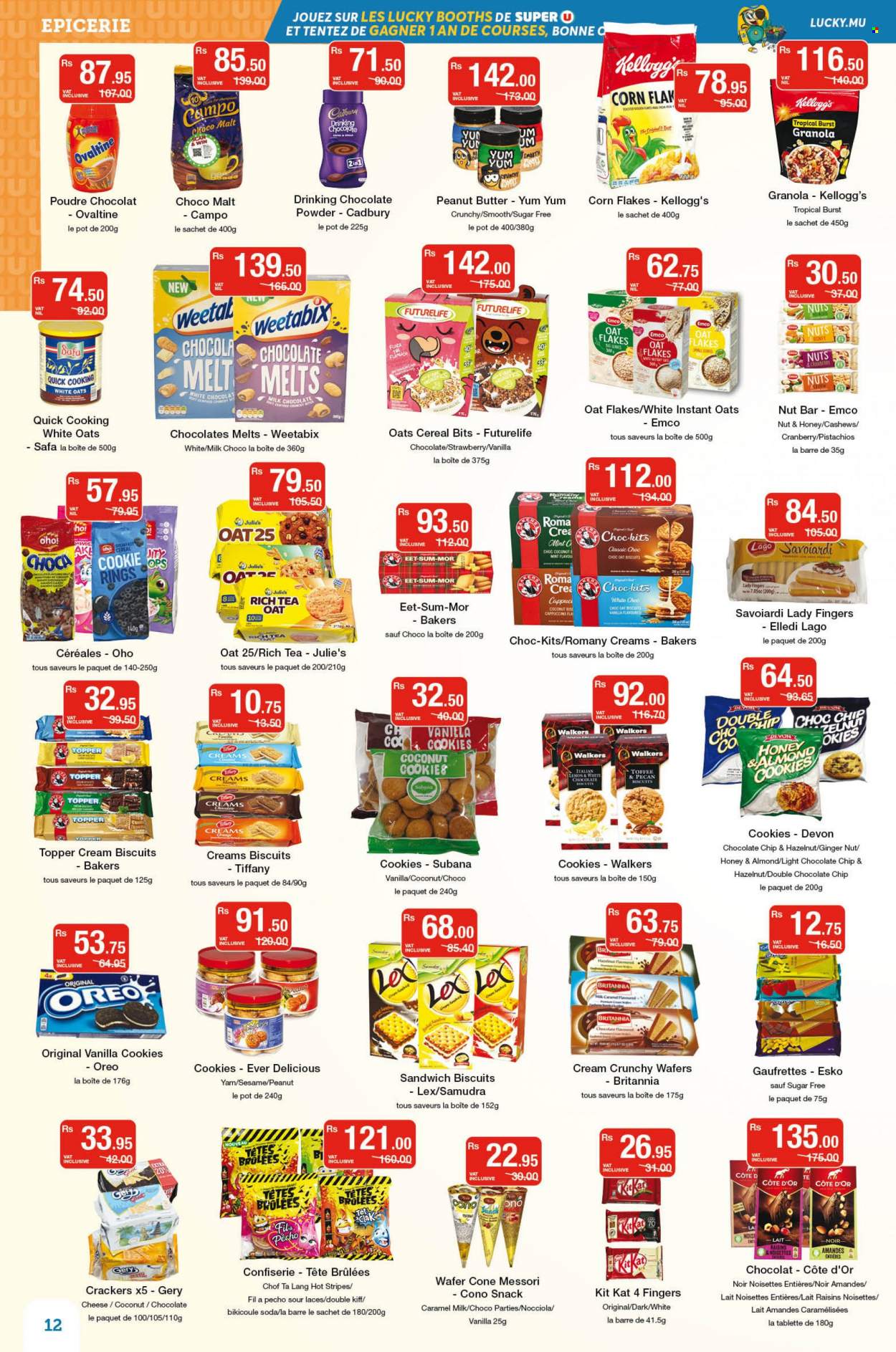 thumbnail - Super U Catalogue - 23.09.2022 - 6.10.2022 - Sales products - ginger, sandwich, cheese, Flora, cookies, lady fingers, wafers, snack, KitKat, toffee, crackers, Kellogg's, biscuit, Cadbury, coconut cookies, Julie's, malt, cereals, corn flakes, nut bar, Weetabix, caramel, honey, peanut butter, cashews, dried fruit, pistachios, soda, hot chocolate, tea, cappuccino, pot, Bakers, granola, raisins, Oreo. Page 12.