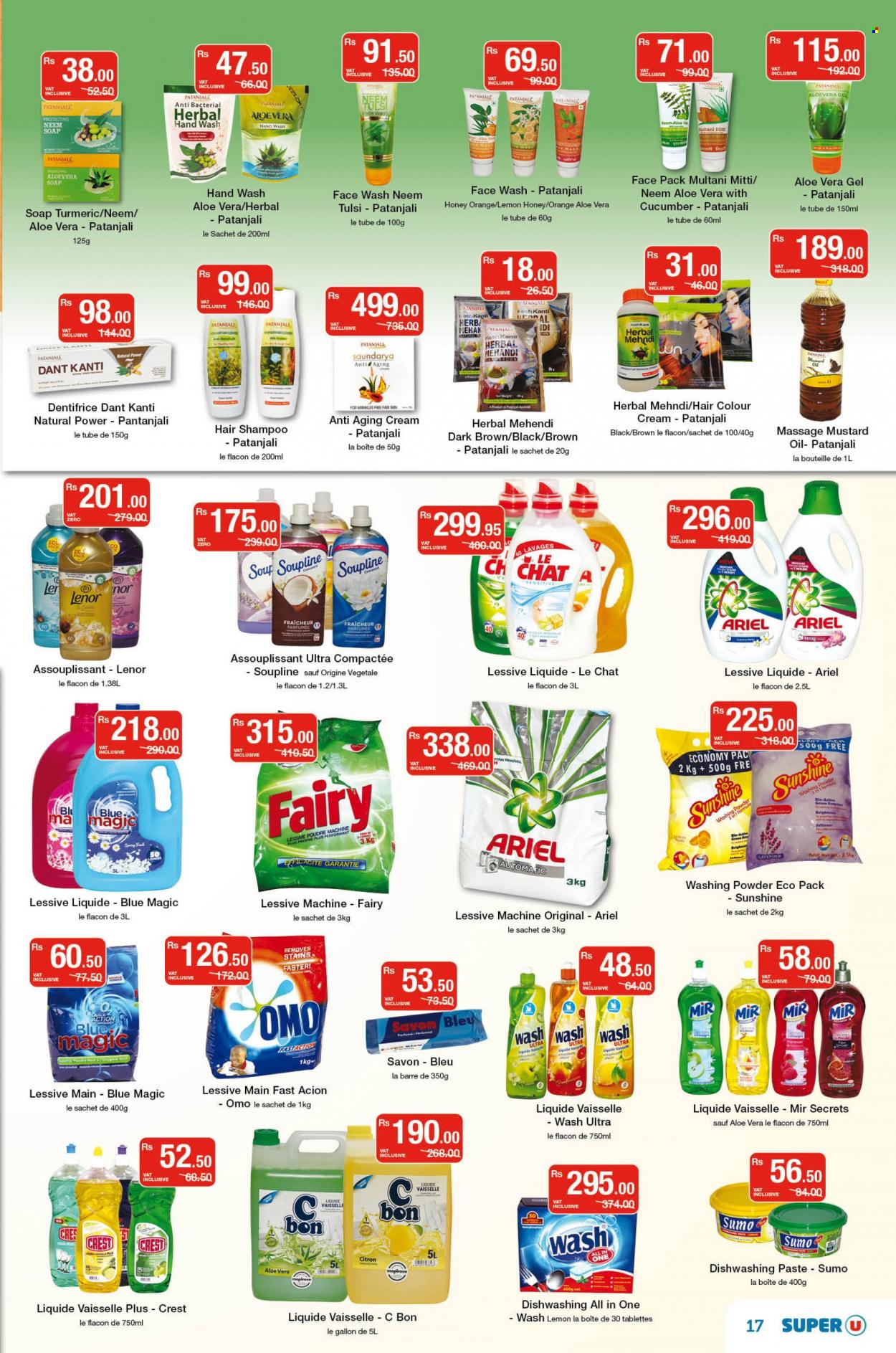 thumbnail - Super U Catalogue - 23.09.2022 - 6.10.2022 - Sales products - oranges, Sunshine, turmeric, herbs, mustard oil, oil, honey, Fairy, fabric softener, Ariel, Omo, laundry powder, Lenor, hand wash, face gel, soap, Crest, face wash, hair color, shampoo. Page 17.