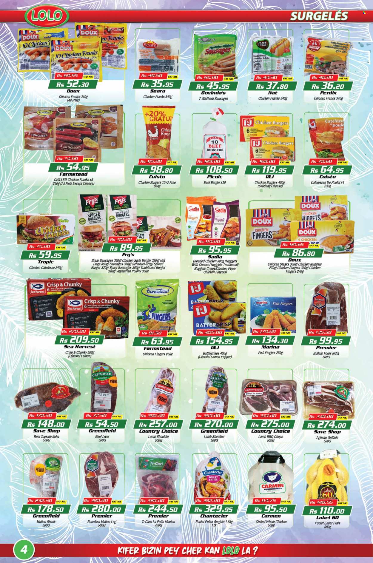 thumbnail - LOLO Hyper Catalogue - 26.09.2022 - 17.10.2022 - Sales products - fish fillets, fish, fish fingers, Sea Harvest, fish sticks, hot dog, nuggets, hamburger, fried chicken, chicken nuggets, schnitzel, veggie burger, beef burger, polony, sausage, chicken frankfurters, cheese, whole chicken, chicken, beef liver, beef meat, lamb meat, lamb shoulder, mutton meat, pan, steak. Page 4.