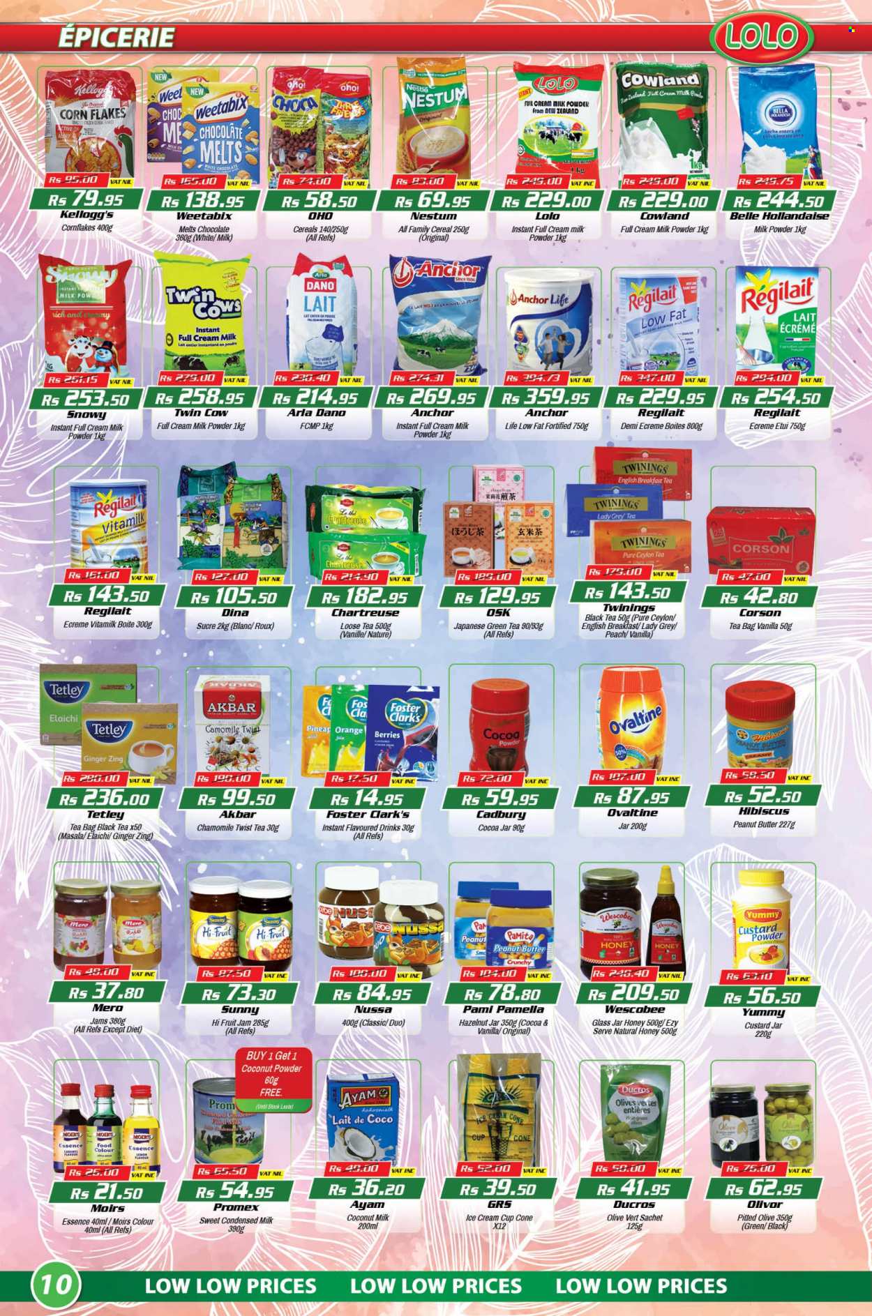 thumbnail - LOLO Hyper Catalogue - 26.09.2022 - 17.10.2022 - Sales products - ginger, oranges, Arla, custard, condensed milk, milk powder, Anchor, ice cream, Kellogg's, Cadbury, coconut milk, cereals, corn flakes, Weetabix, honey, fruit jam, peanut butter, green tea, tea bags, Twinings, cup, jar, olives. Page 10.