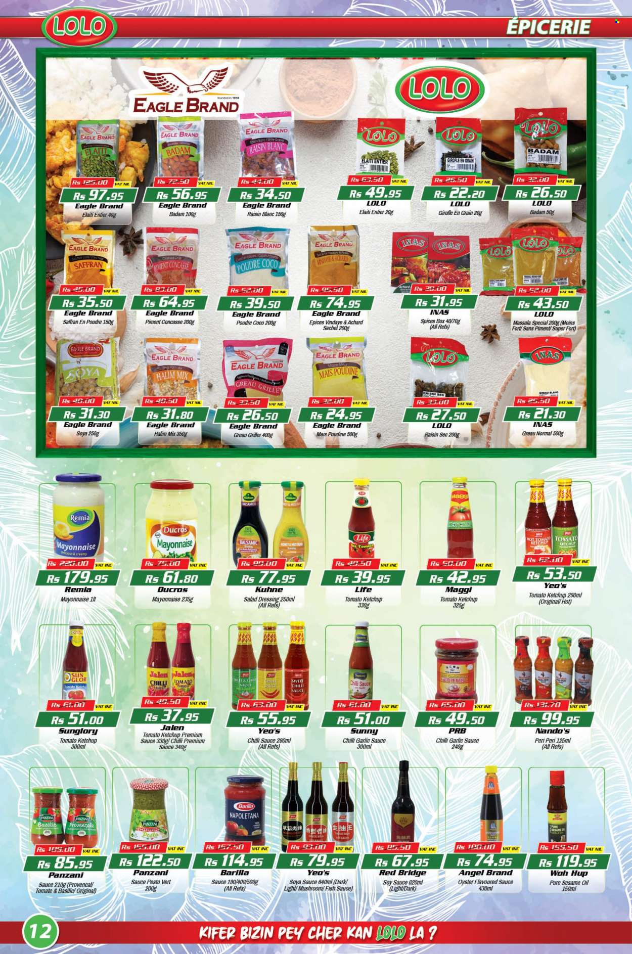thumbnail - LOLO Hyper Catalogue - 26.09.2022 - 17.10.2022 - Sales products - mushrooms, grapes, oysters, fish, sauce, mayonnaise, Maggi, spice, fish sauce, salad dressing, soy sauce, chilli sauce, dressing, sweet chilli sauce, garlic sauce, sesame oil, oil, honey, ketchup, pesto, Barilla. Page 12.