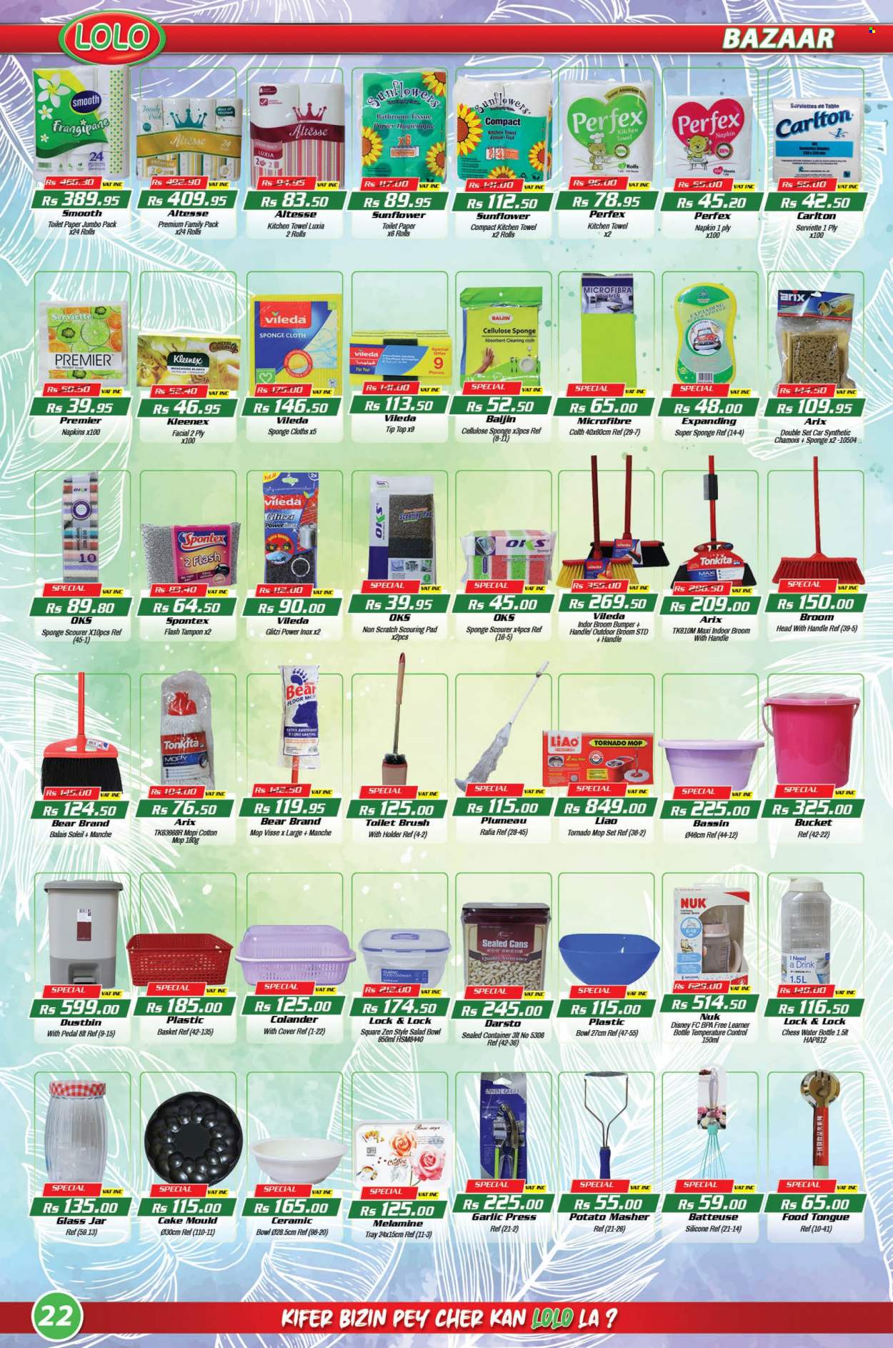 thumbnail - LOLO Hyper Catalogue - 26.09.2022 - 17.10.2022 - Sales products - Tip Top, cake, Disney, coffee, wine, Pablo, rosé wine, napkins, Nuk, bath tissue, Kleenex, toilet paper, kitchen towels, scourer, tampons, basket, Vileda, sponge, mop, broom, toilet brush, colander, drink bottle, garlic press, salad bowl, container, jar, pin, sunflower, rose. Page 22.