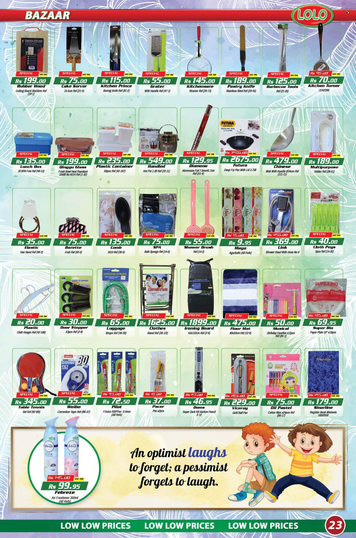 thumbnail - LOLO Hyper Catalogue - 26.09.2022 - 17.10.2022 - Sales products - cake, crab, Febreze, comb, knife, holder, hanger, ironing board, brush, bath sponge, cutting board, plate, pot, wok, handy grater, bowl, container, aluminium foil, safe container, meal box, pen, pencil, ball pen, Pilot, oil pastels, candle, air freshener, paper plate, Sony, Pierre Cardin, luggage. Page 23.