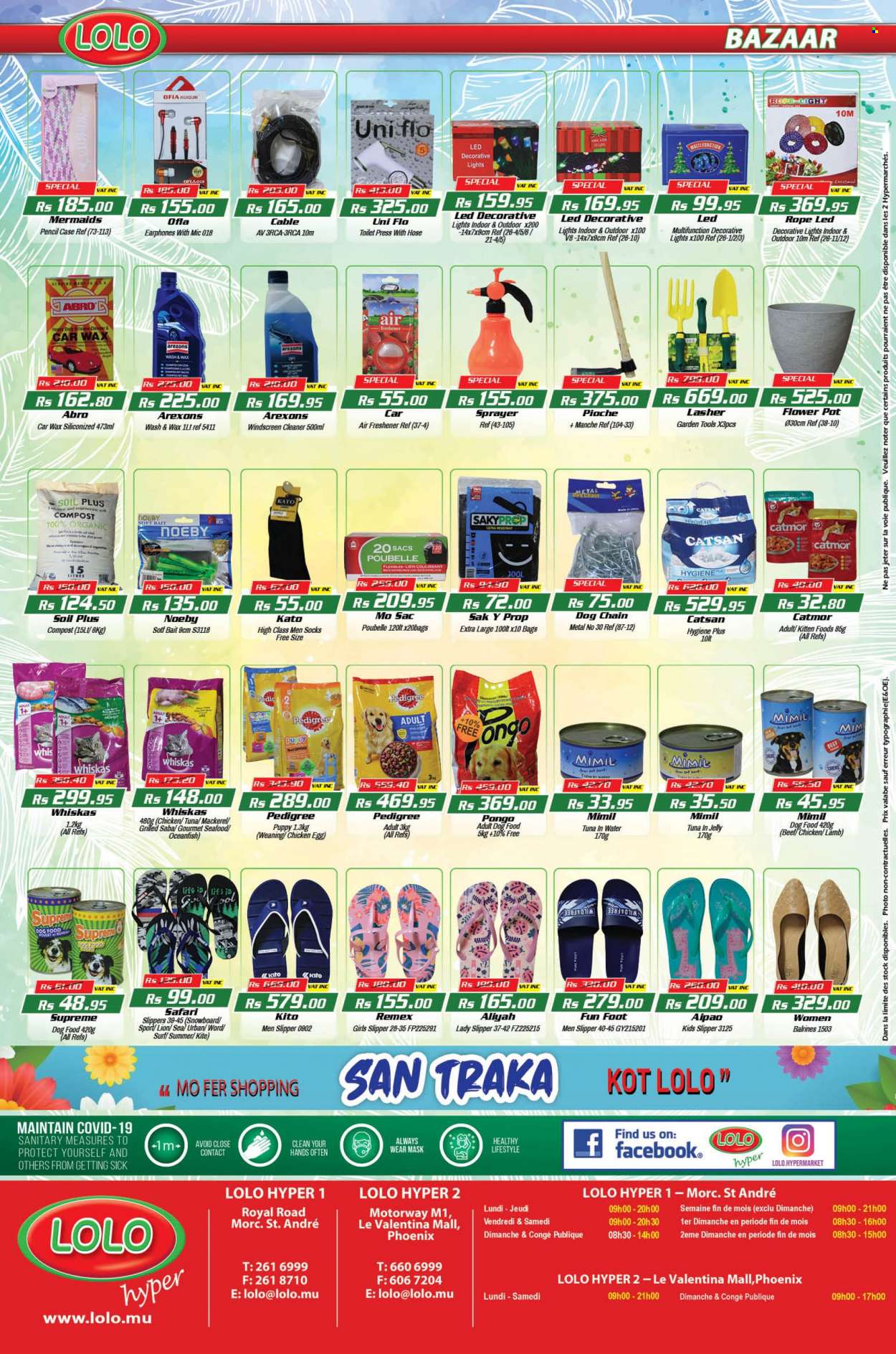 thumbnail - LOLO Hyper Catalogue - 26.09.2022 - 17.10.2022 - Sales products - mackerel, seafood, eggs, tuna in water, cleaner, Surf, Brite, bag, pot, pencil, air freshener, animal food, dog food, Pedigree, socks, slippers, gardening tools, sprayer, compost, Whiskas. Page 24.
