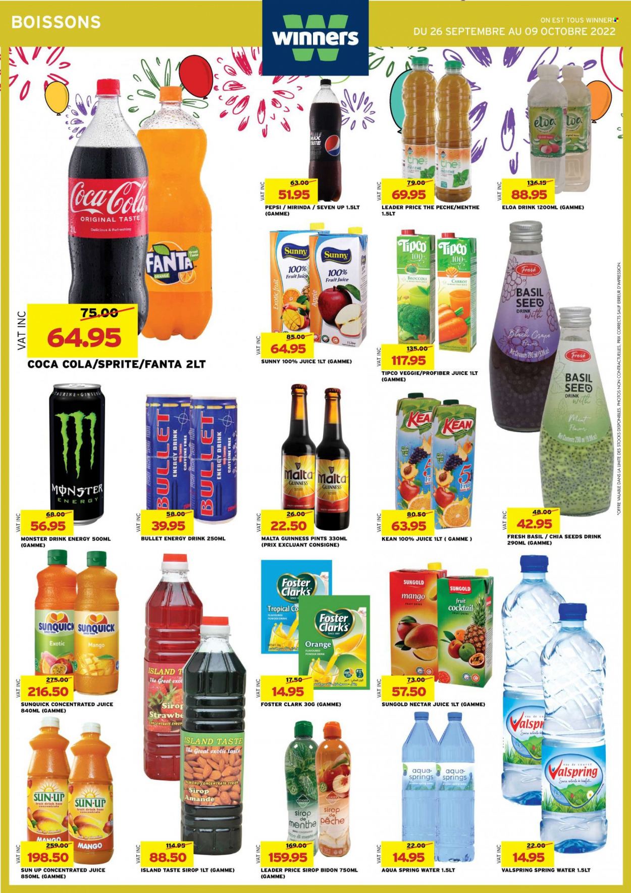 thumbnail - Winner's Catalogue - 26.09.2022 - 9.10.2022 - Sales products - broccoli, mango, oranges, chia seeds, syrup, Coca-Cola, Sprite, Pepsi, juice, fruit juice, Fanta, energy drink, Monster, fruit drink, 7UP, Monster Energy, spring water, powder drink, Guinness, pet bed, ginseng. Page 20.