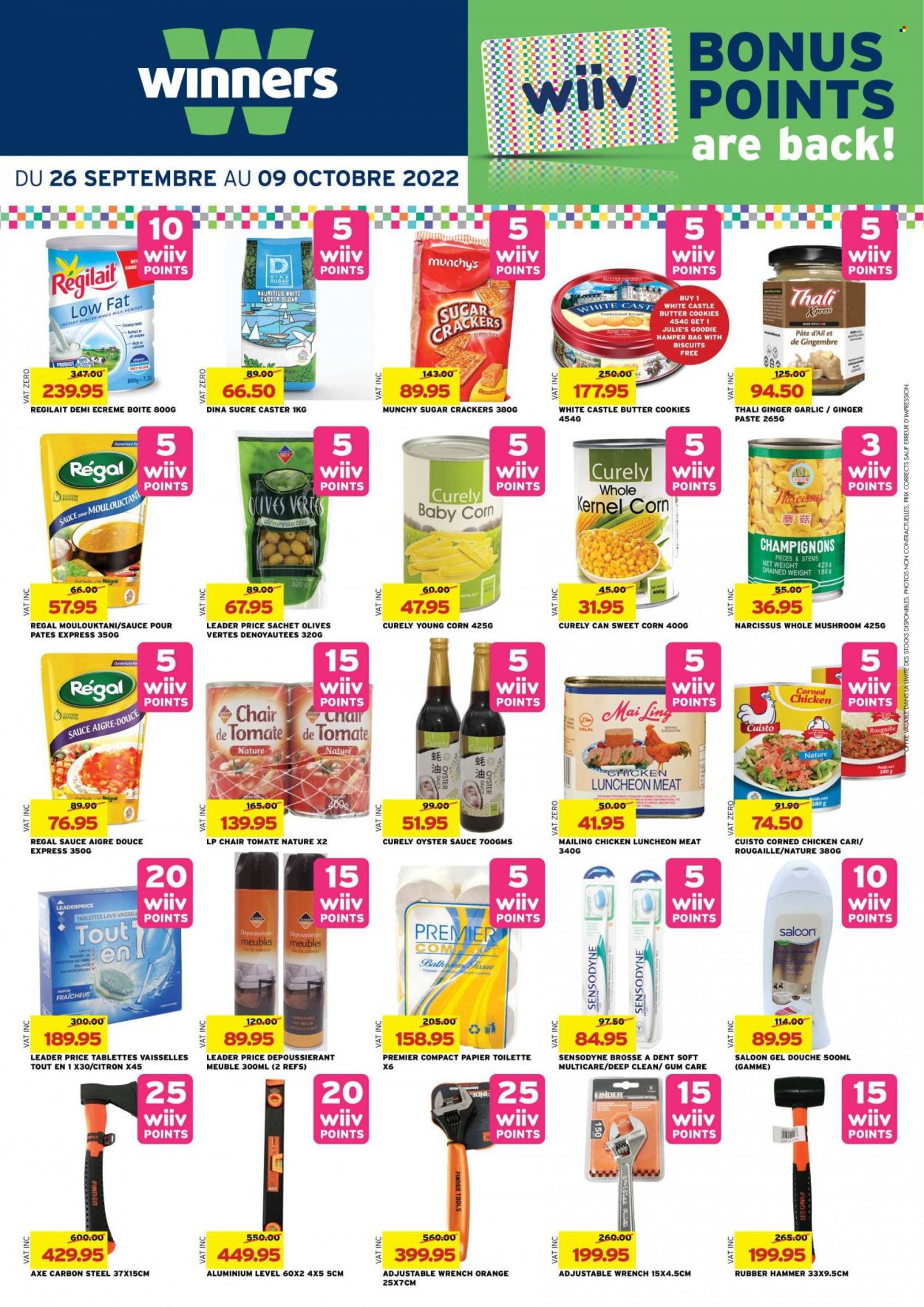 thumbnail - Winner's Catalogue - 26.09.2022 - 9.10.2022 - Sales products - mushrooms, corn, garlic, ginger, sweet corn, oranges, oysters, sauce, hamper, lunch meat, milk, milk powder, cookies, butter cookies, crackers, biscuit, Julie's, sugar, oyster sauce, Castle, Axe, bag, eraser, olives, Sensodyne. Page 25.