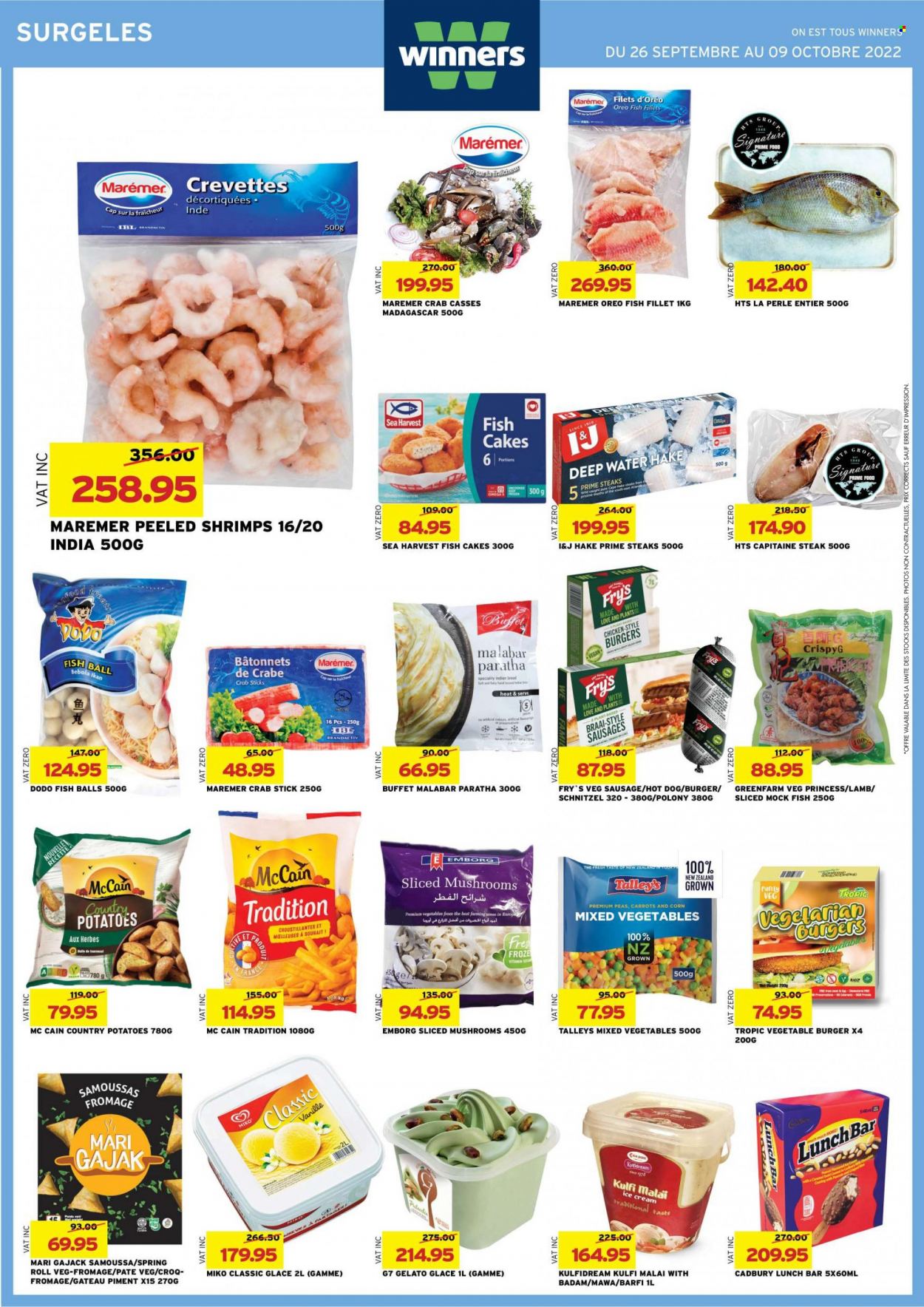 thumbnail - Winner's Catalogue - 26.09.2022 - 9.10.2022 - Sales products - mushrooms, bread, carrots, potatoes, fish fillets, hake, crab, shrimps, Sea Harvest, hot dog, hamburger, schnitzel, veggie burger, polony, sausage, ice cream, gelato, mixed vegetables, McCain, fish cake, Cadbury, pan, Oreo, steak. Page 32.