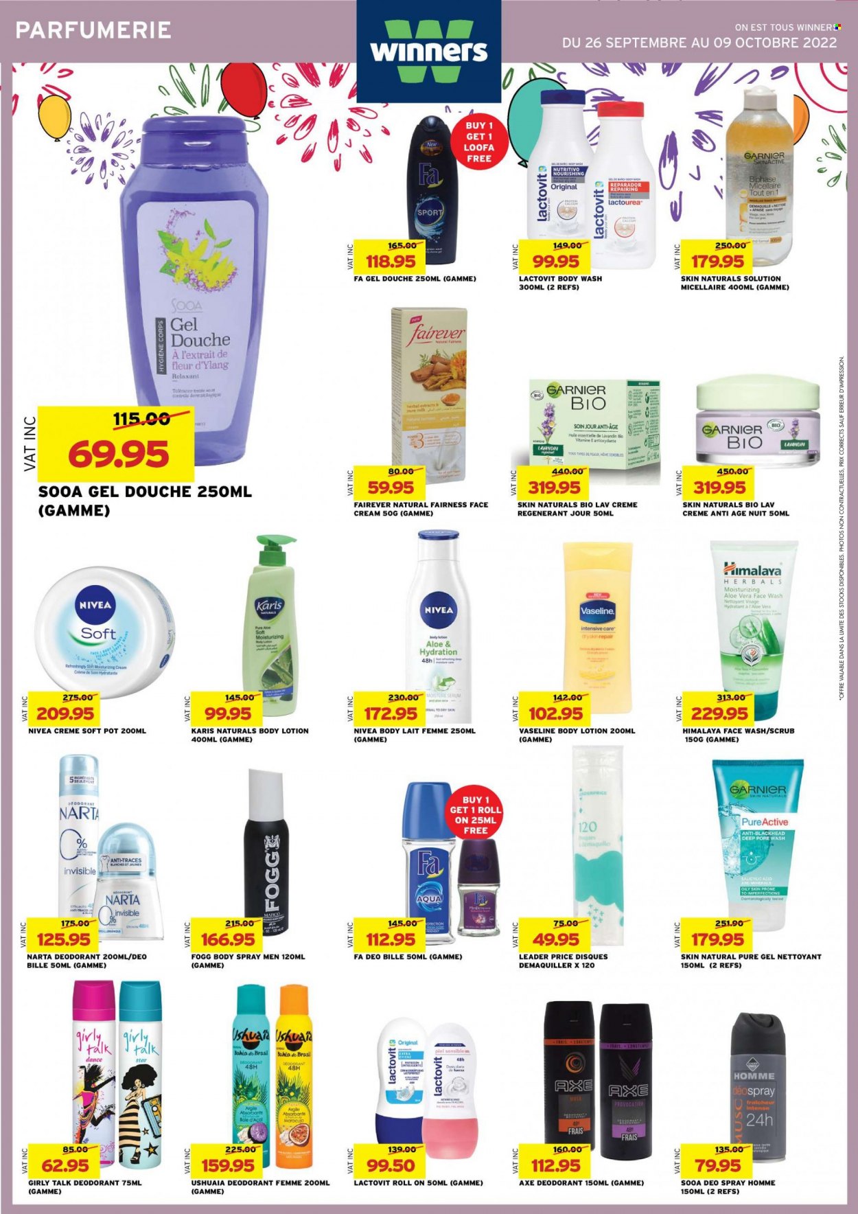 thumbnail - Winner's Catalogue - 26.09.2022 - 9.10.2022 - Sales products - Nivea, body wash, face gel, Vaseline, toner, face cream, face wash, body lotion, body spray, anti-perspirant, roll-on, Axe, pot, Garnier, deodorant. Page 34.