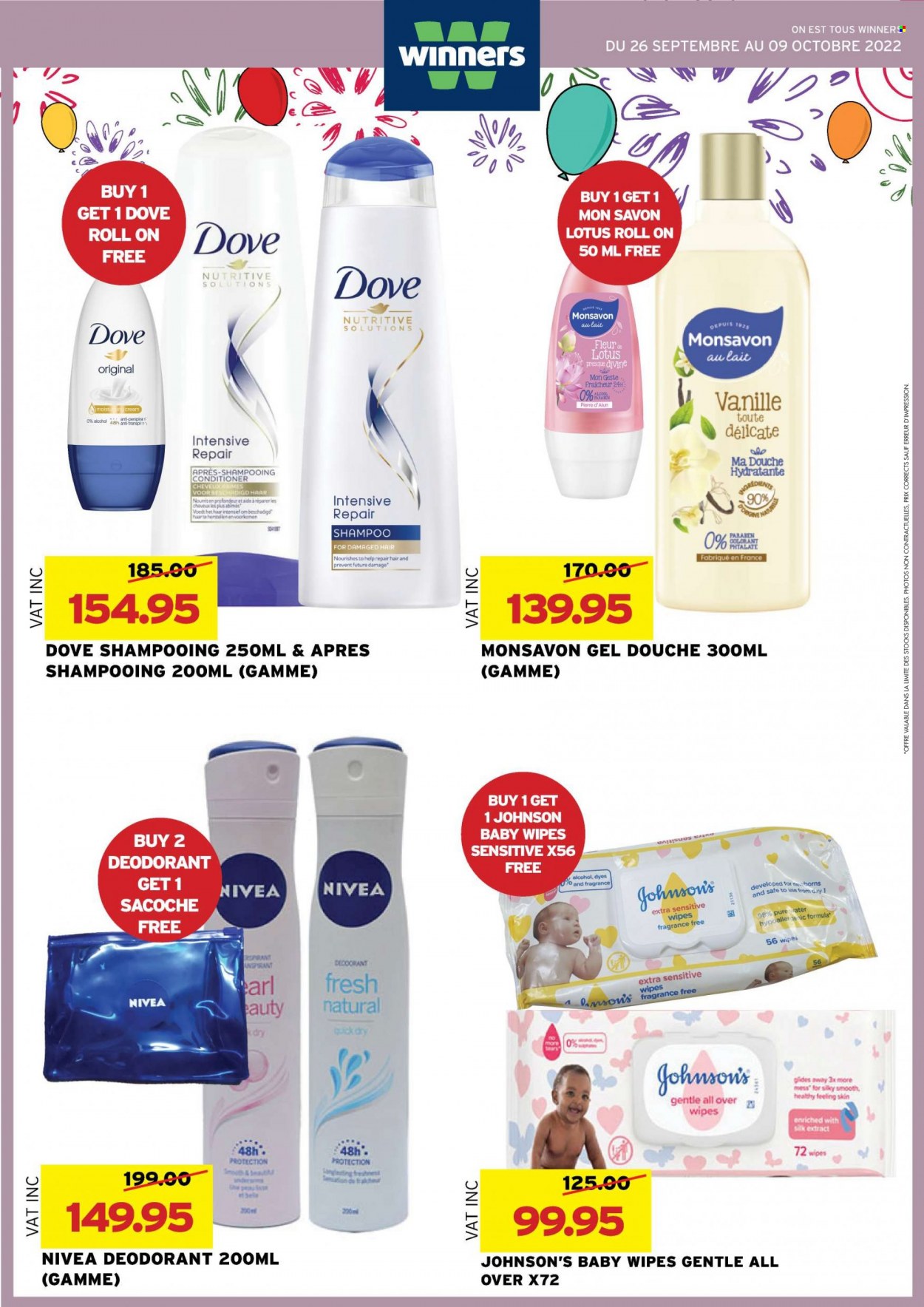thumbnail - Winner's Catalogue - 26.09.2022 - 9.10.2022 - Sales products - Silk, Dove, purified water, alcohol, wipes, baby wipes, Johnson's, Nivea, conditioner, anti-perspirant, roll-on, Lotus, shampoo, deodorant. Page 35.