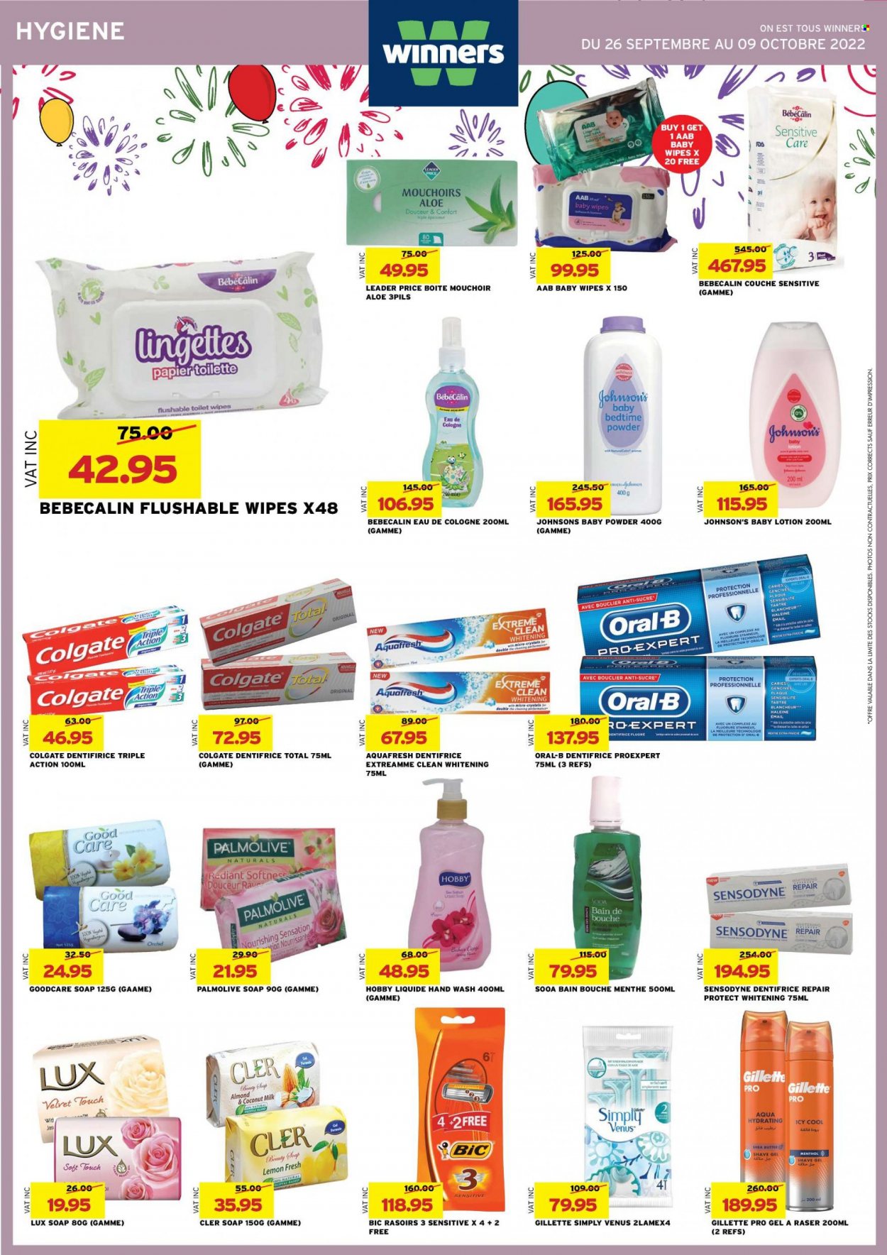 thumbnail - Winner's Catalogue - 26.09.2022 - 9.10.2022 - Sales products - butter, coconut milk, wipes, baby wipes, Johnson's, baby powder, Lux, hand soap, hand wash, Palmolive, soap, Gillette, body lotion, cologne, BIC, shave gel, Venus, Colgate, Oral-B, Sensodyne. Page 38.