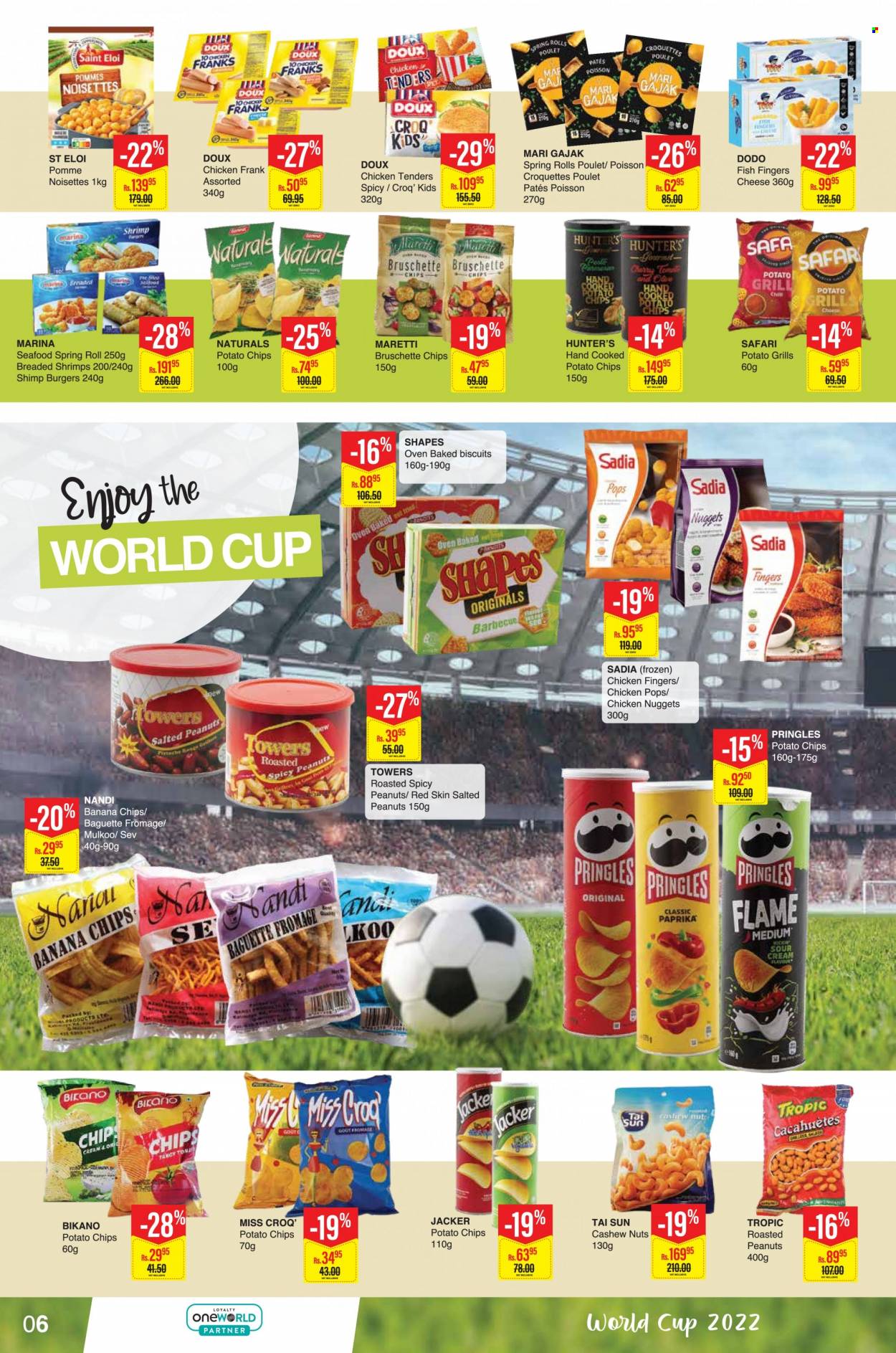 thumbnail - Intermart Catalogue - 23.11.2022 - 20.12.2022 - Sales products - cherries, seafood, fish, shrimps, fish fingers, fish sticks, chicken tenders, nuggets, hamburger, chicken nuggets, spring rolls, chicken frankfurters, cheese, sour cream, potato croquettes, biscuit, Santa, potato chips, Pringles, cashews, roasted peanuts, peanuts, dried fruit, Tai Sun, banana chips, cup, Hunter, baguette. Page 6.