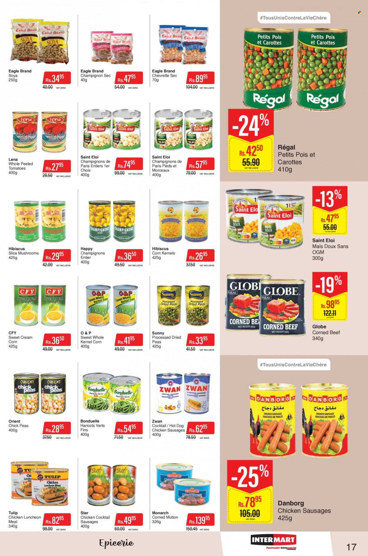 thumbnail - Intermart Catalogue - 23.11.2022 - 20.12.2022 - Sales products - mushrooms, corn, tomatoes, peas, hot dog, sausage, lunch meat, corned beef, beef meat, mutton meat. Page 17.