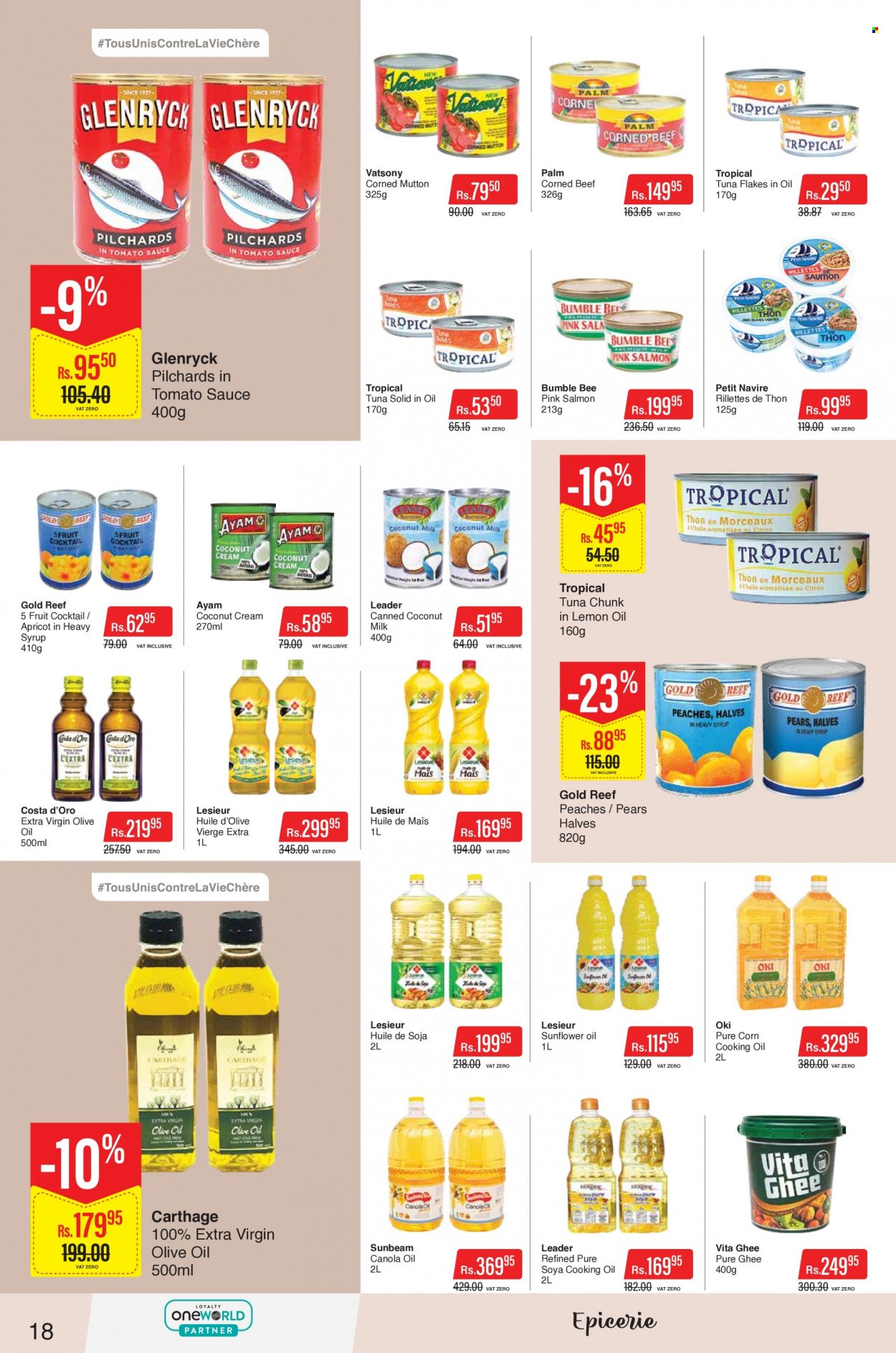 thumbnail - Intermart Catalogue - 23.11.2022 - 20.12.2022 - Sales products - corn, pears, peaches, salmon, sardines, tuna, Bumble Bee, corned beef, ghee, coconut milk, canola oil, extra virgin olive oil, sunflower oil, olive oil, cooking oil, syrup, beef meat, mutton meat, Sunbeam. Page 18.
