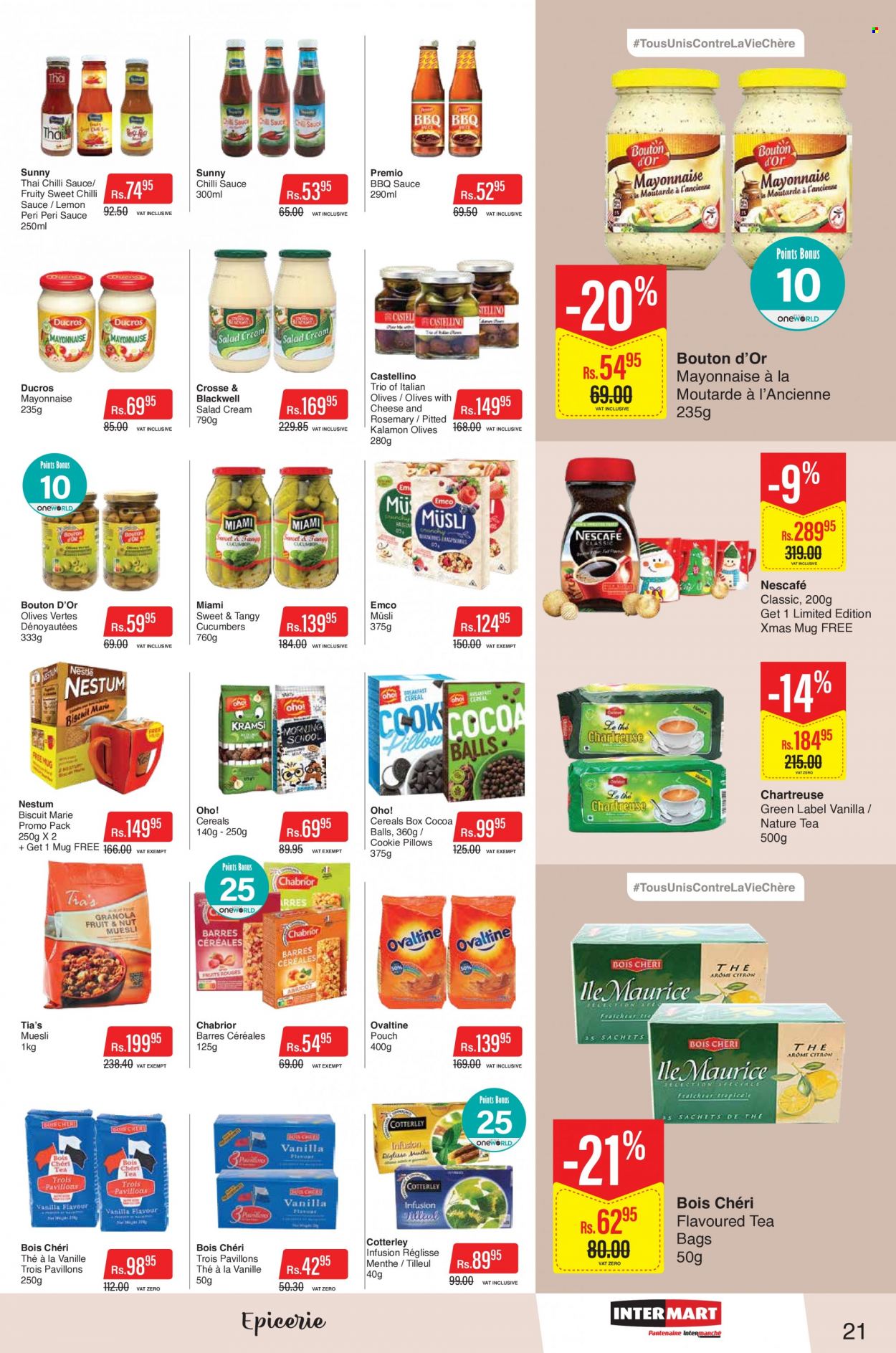 thumbnail - Intermart Catalogue - 23.11.2022 - 20.12.2022 - Sales products - cucumber, cheese, mayonnaise, salad cream, biscuit, cocoa, cereals, muesli, rosemary, BBQ sauce, chilli sauce, sweet chilli sauce, peri peri sauce, tea bags, mug, olives, Nescafé. Page 21.
