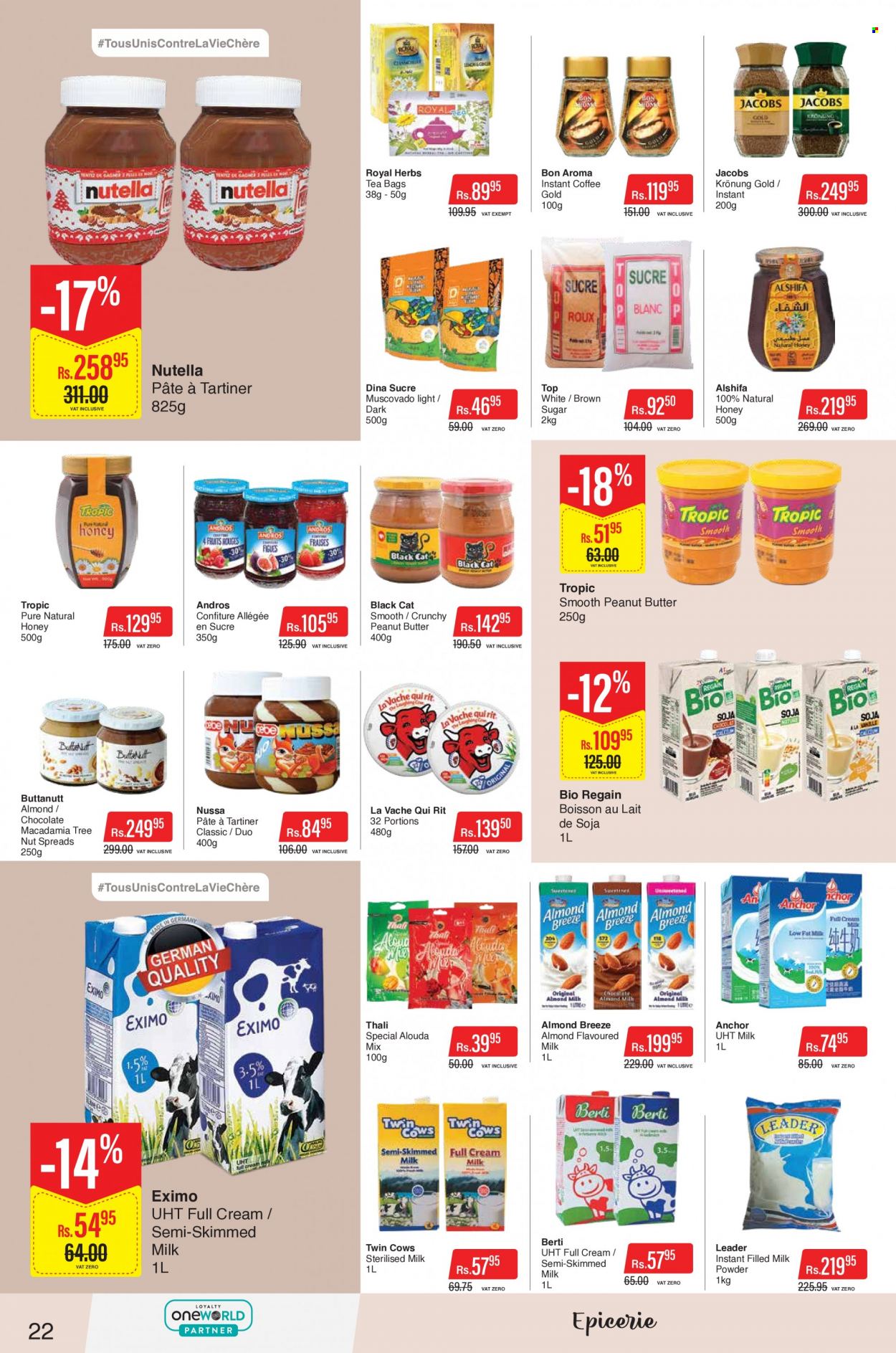 thumbnail - Intermart Catalogue - 23.11.2022 - 20.12.2022 - Sales products - The Laughing Cow, milk, flavoured milk, milk powder, Almond Breeze, Anchor, chocolate, cane sugar, muscovado sugar, herbs, honey, tea bags, instant coffee, Jacobs, Jacobs Krönung, Nutella. Page 22.