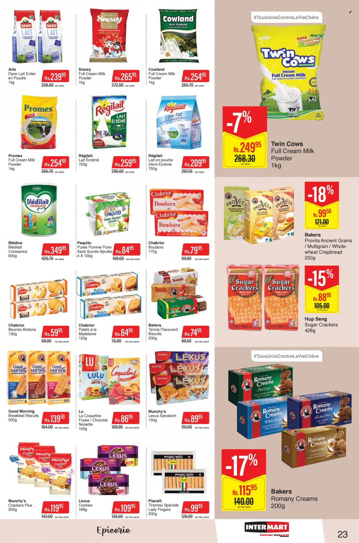 thumbnail - Intermart Catalogue - 23.11.2022 - 20.12.2022 - Sales products - tiramisu, crispbread, Arla, milk powder, cookies, lady fingers, crackers, biscuit, sugar, Bakers. Page 23.
