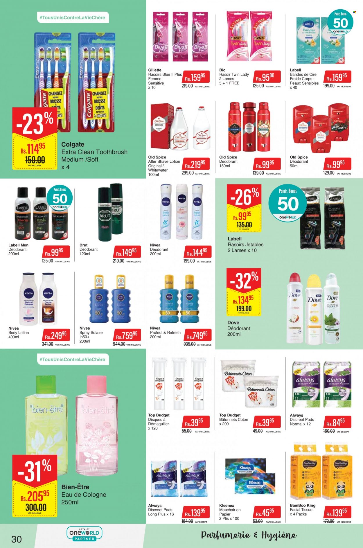 thumbnail - Intermart Catalogue - 23.11.2022 - 20.12.2022 - Sales products - Dove, spice, Nivea, Kleenex, tissues, toothbrush, sanitary pads, Always Discreet, Gillette, body lotion, after shave, anti-perspirant, cologne, Brut, BIC, Colgate, Old Spice, deodorant. Page 30.