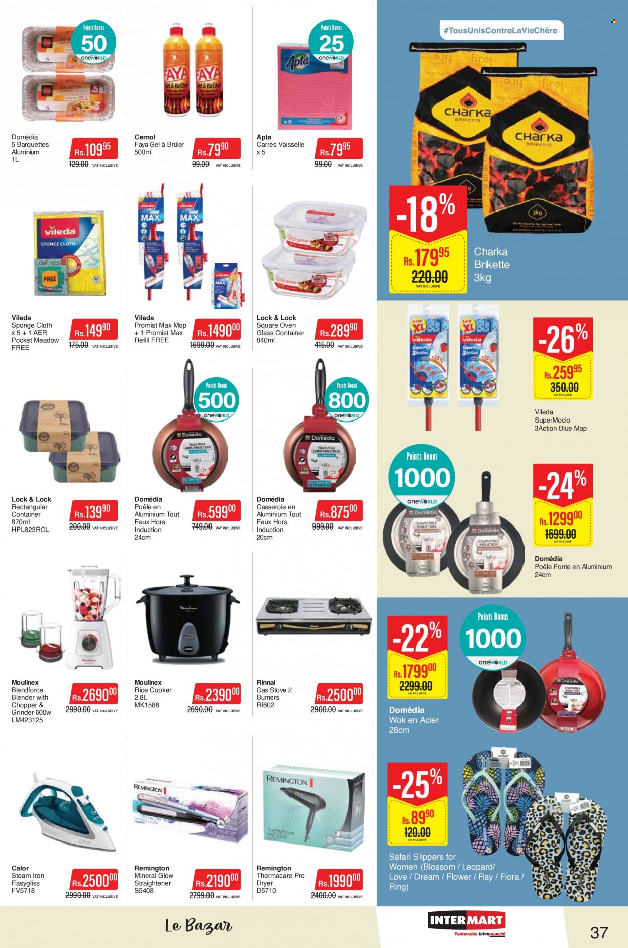 thumbnail - Intermart Catalogue - 23.11.2022 - 20.12.2022 - Sales products - Flora, Blossom, Vileda, sponge, mop, wok, casserole, rice cooker, handy chopper, container, Moulinex, iron, steam iron, grinder, straightener, slippers, Thermacare, blender, Remington. Page 37.