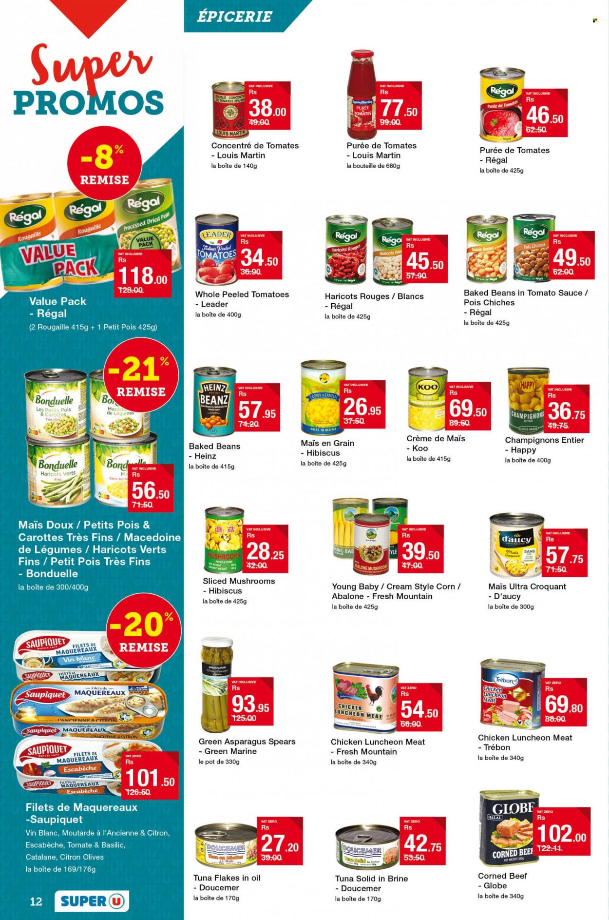 thumbnail - Super U Catalogue - 17.01.2023 - 5.02.2023 - Sales products - mushrooms, beans, tomatoes, peas, tuna, abalone, lunch meat, corned beef, baked beans, Koo, beef meat, pot, Heinz, olives. Page 12.