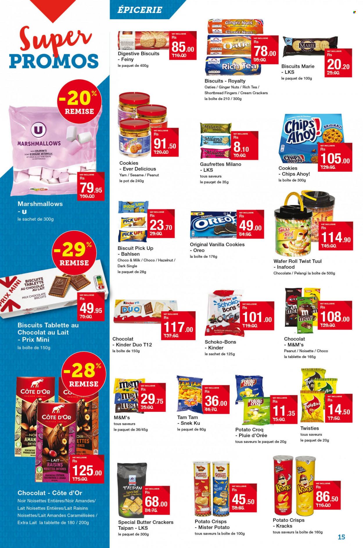 thumbnail - Super U Catalogue - 17.01.2023 - 5.02.2023 - Sales products - ginger, cheese, butter, cookies, marshmallows, milk chocolate, wafers, chocolate, crackers, biscuit, Digestive, Chips Ahoy!, potato crisps, chips, dried fruit, tea, pot, raisins, Oreo, M&M's. Page 15.