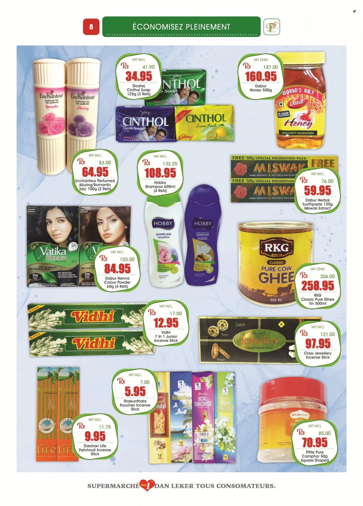 thumbnail - Dreamprice Catalogue - 21.01.2023 - 19.02.2023 - Sales products - ghee, Dabur, honey, Purity, Enchanteur, soap, toothpaste, cologne, gloves, shampoo. Page 8.