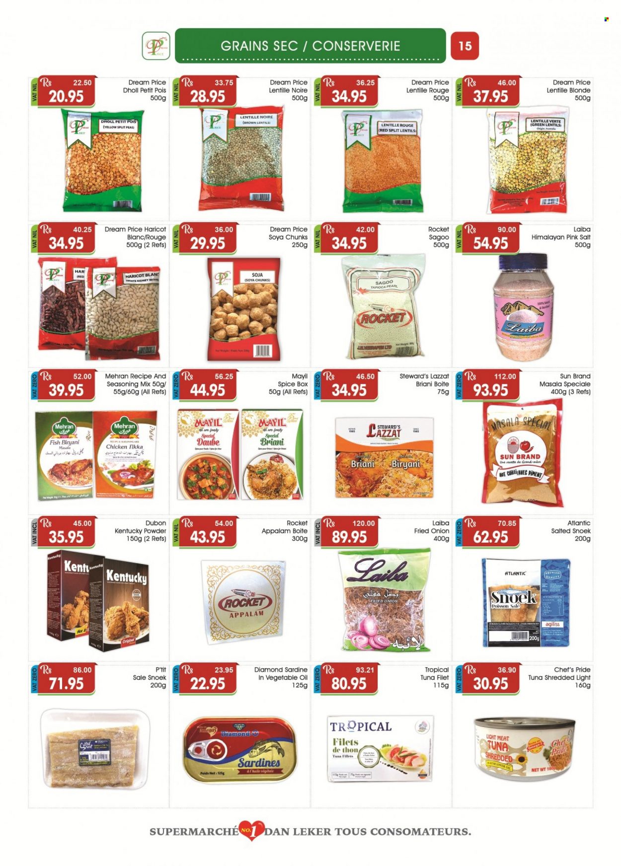 thumbnail - Dreamprice Catalogue - 21.01.2023 - 19.02.2023 - Sales products - sardines, tuna, fish, split peas, lentils, soya chunks, red lentils, spice, JBL. Page 15.