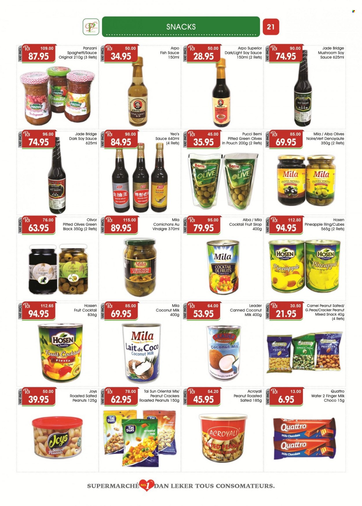 thumbnail - Dreamprice Catalogue - 21.01.2023 - 19.02.2023 - Sales products - mushrooms, peas, pineapple, fish, spaghetti, sauce, milk chocolate, wafers, chocolate, snack, crackers, coconut milk, rice, fish sauce, soy sauce, roasted peanuts, peanuts, Tai Sun, Camel, olives. Page 21.