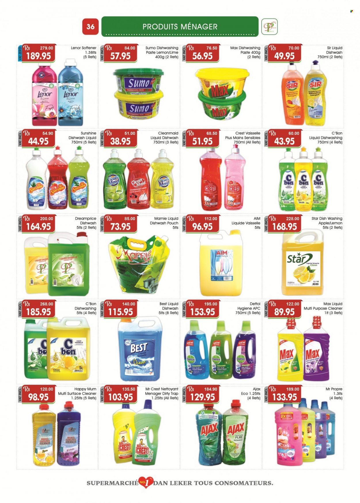 thumbnail - Dreamprice Catalogue - 21.01.2023 - 19.02.2023 - Sales products - mango, Sunshine, rice, surface cleaner, cleaner, Ajax Eco, Ajax, fabric softener, Lenor, dishwashing liquid, Crest, Eclat, Mum, detergent, Dettol. Page 36.