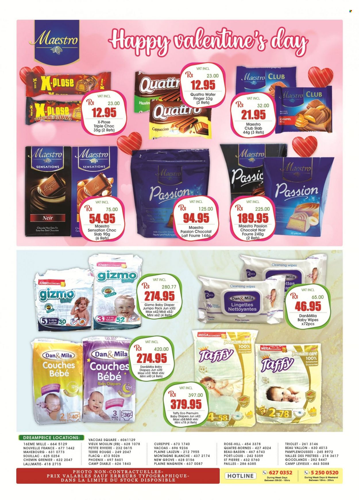 thumbnail - Dreamprice Catalogue - 21.01.2023 - 19.02.2023 - Sales products - milk chocolate, wafers, chocolate, dark chocolate, caramel, cappuccino, wine, rosé wine, cleansing wipes, wipes, baby wipes, nappies. Page 44.