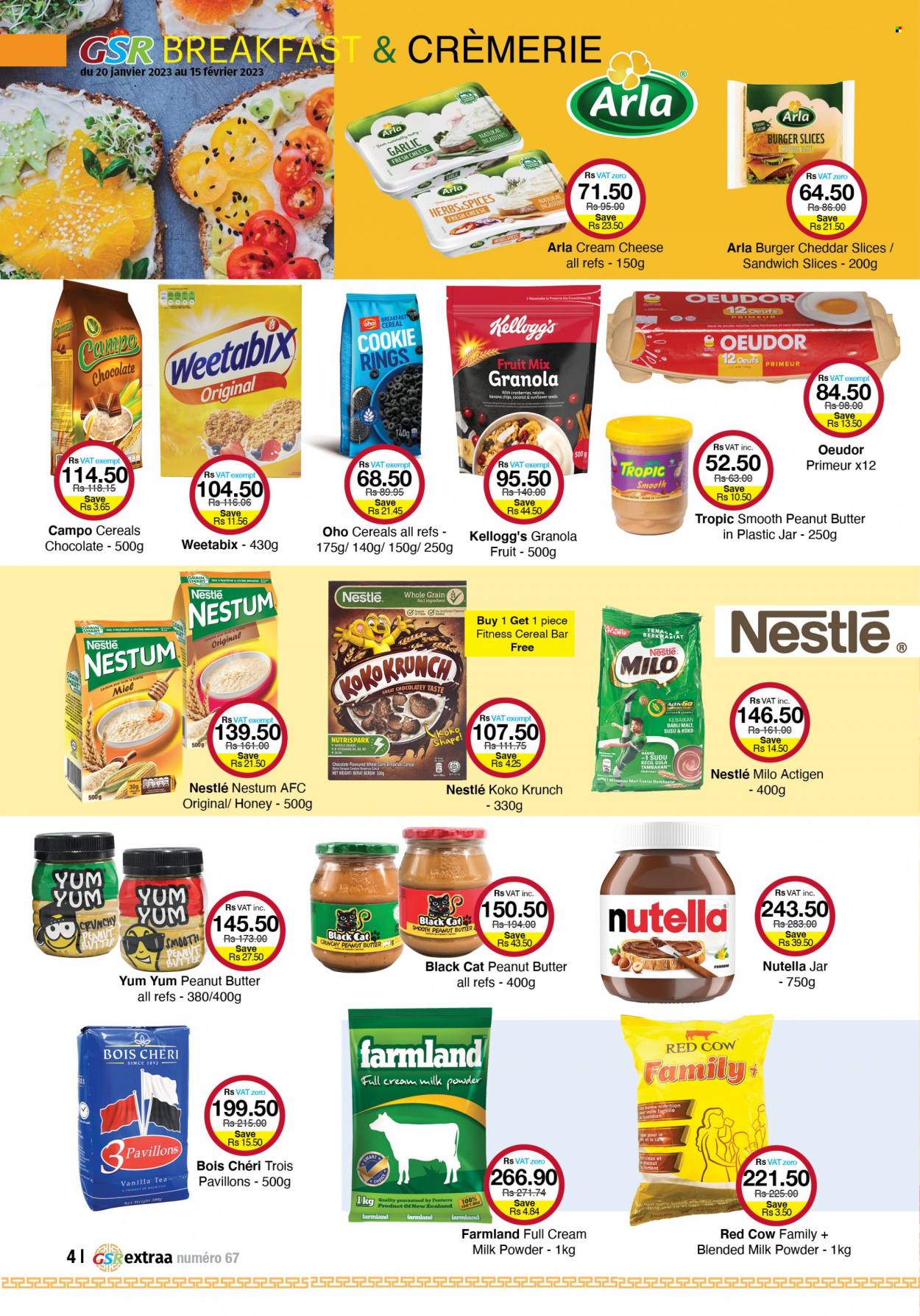 thumbnail - GSR Catalogue - 20.01.2023 - 15.02.2023 - Sales products - Ace, garlic, cream cheese, sandwich slices, cheese, Arla, Milo, milk powder, fruit mix, cereal bar, Kellogg's, malt, cranberries, cereals, Weetabix, honey, dried fruit, banana chips, tea, Dial, granola, Nestlé, raisins, Nutella, Ferrero Rocher. Page 4.