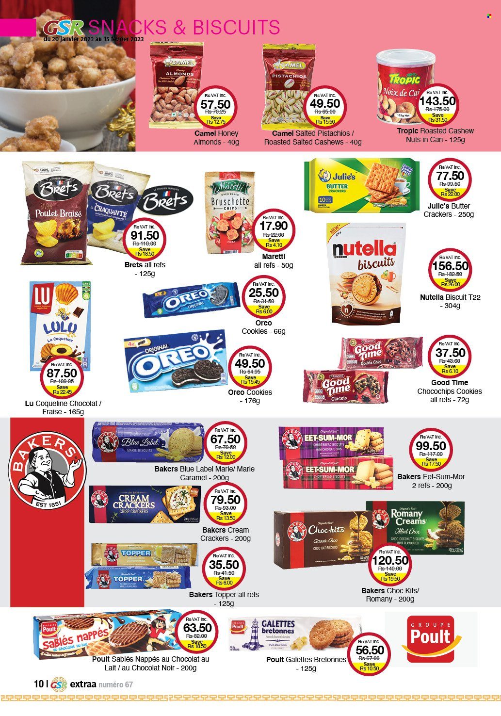 thumbnail - GSR Catalogue - 20.01.2023 - 15.02.2023 - Sales products - cookies, snack, crackers, biscuit, Julie's, caramel, honey, almonds, cashews, pistachios, Camel, Bakers, Nutella, Oreo. Page 10.