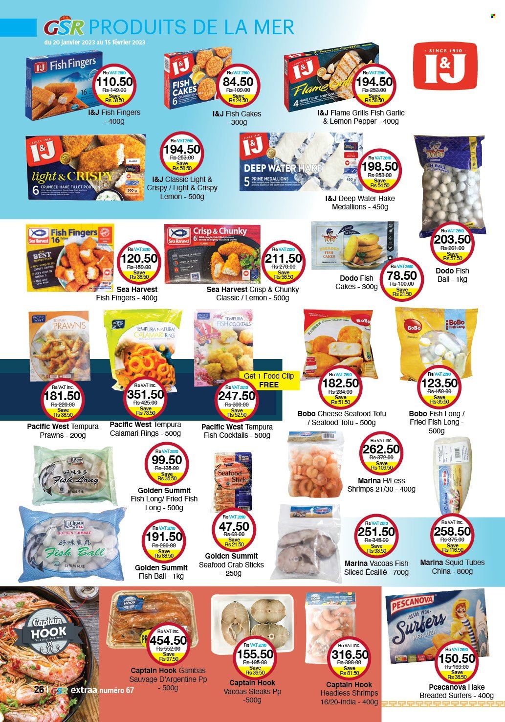 thumbnail - GSR Catalogue - 20.01.2023 - 15.02.2023 - Sales products - calamari, squid, seafood, hake, prawns, crab, shrimps, fish fingers, Sea Harvest, fish sticks, fried fish, cheese, tofu, fish cake, steak. Page 26.