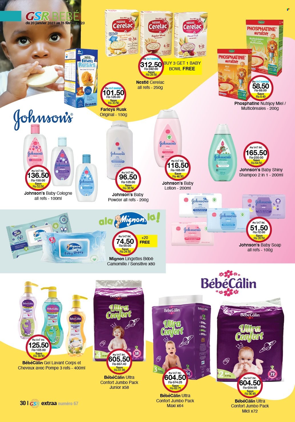 thumbnail - GSR Catalogue - 20.01.2023 - 15.02.2023 - Sales products - rusks, honey, wipes, baby wipes, Johnson's, baby powder, soap, body lotion, cologne, Nestlé, shampoo. Page 30.