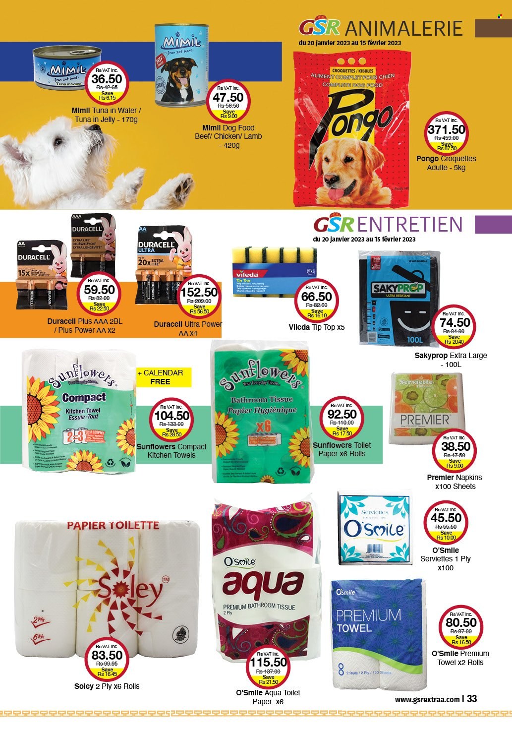 thumbnail - GSR Catalogue - 20.01.2023 - 15.02.2023 - Sales products - Tip Top, potato croquettes, tuna in water, napkins, bath tissue, toilet paper, kitchen towels, animal food, dog food. Page 33.