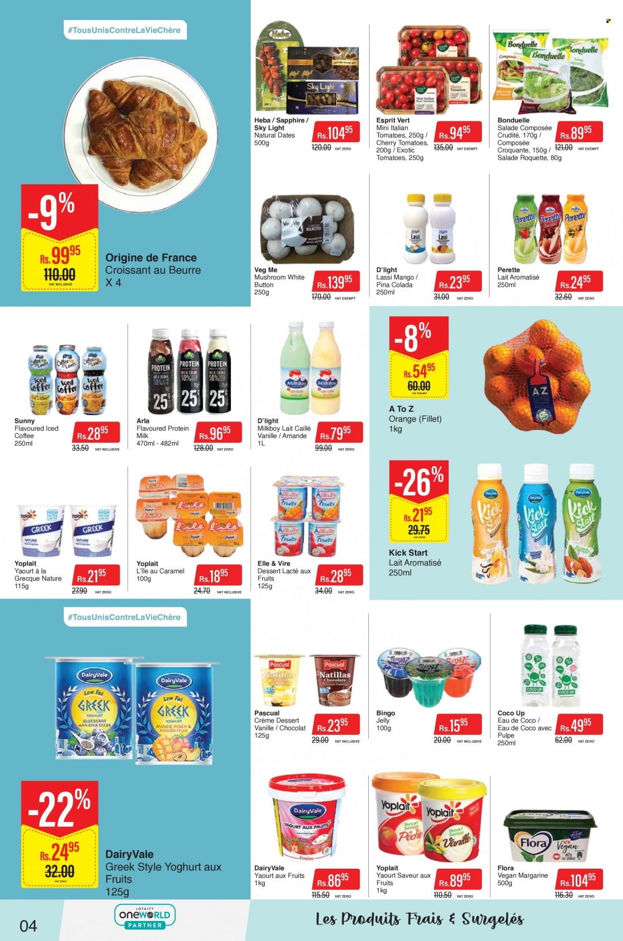 thumbnail - Intermart Catalogue - 24.01.2023 - 8.02.2023 - Sales products - mushrooms, croissant, mango, cherries, oranges, Arla, yoghurt, Yoplait, milk, margarine, Flora, jelly, caramel, iced coffee, ESPRIT. Page 4.