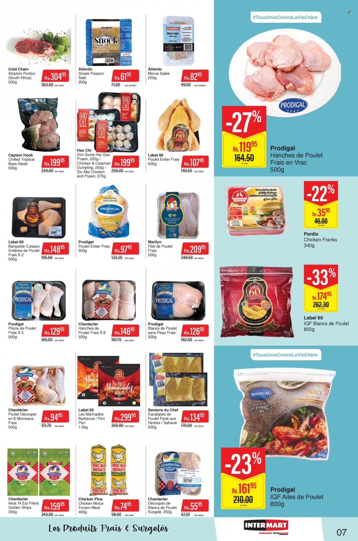 thumbnail - Intermart Catalogue - 24.01.2023 - 8.02.2023 - Sales products - calamari, prawns, dumplings, chicken frankfurters, strips, ground chicken, hook, steak. Page 7.