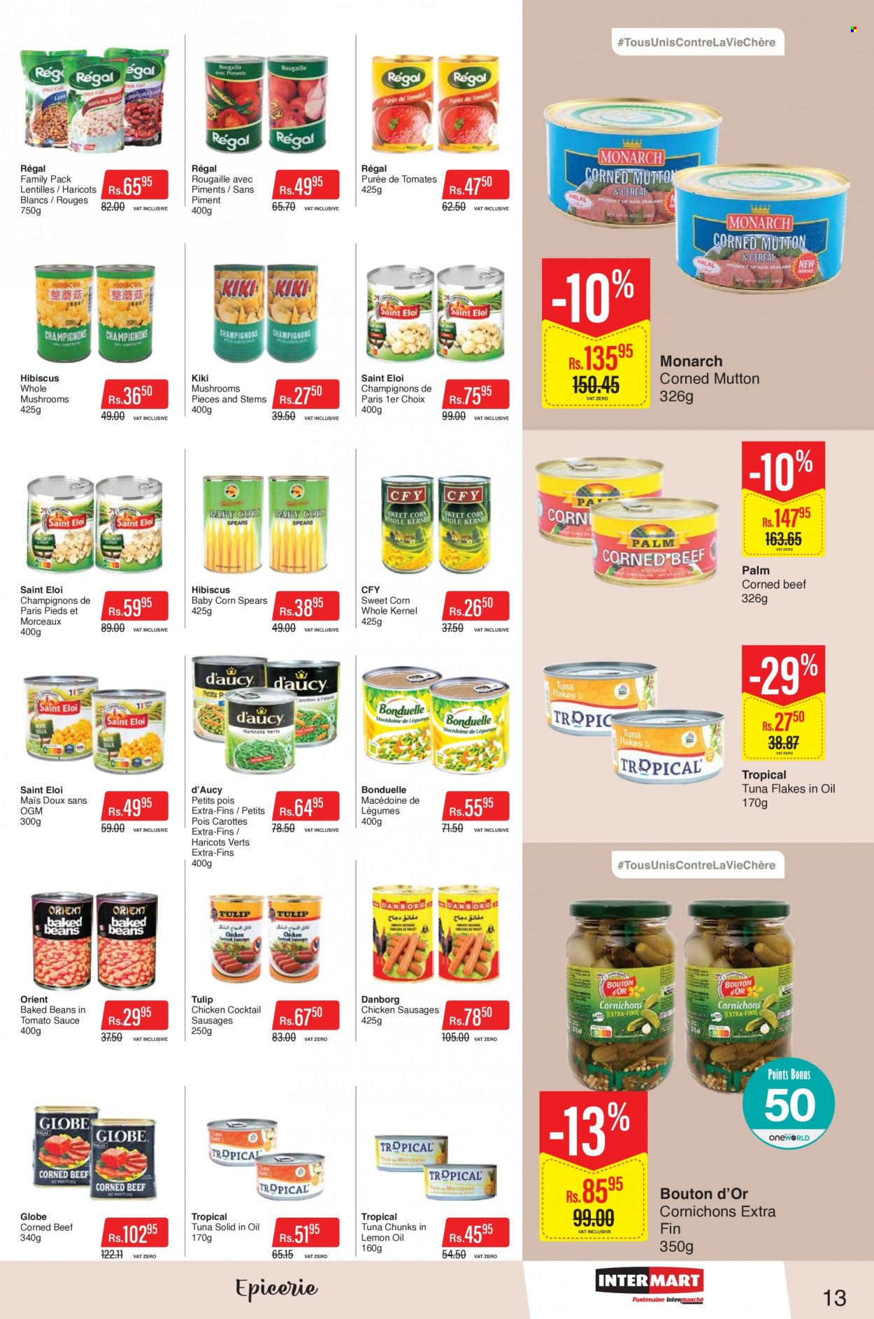 thumbnail - Intermart Catalogue - 24.01.2023 - 8.02.2023 - Sales products - mushrooms, beans, corn, sweet corn, tuna, sausage, corned beef, baked beans, beef meat, mutton meat. Page 13.
