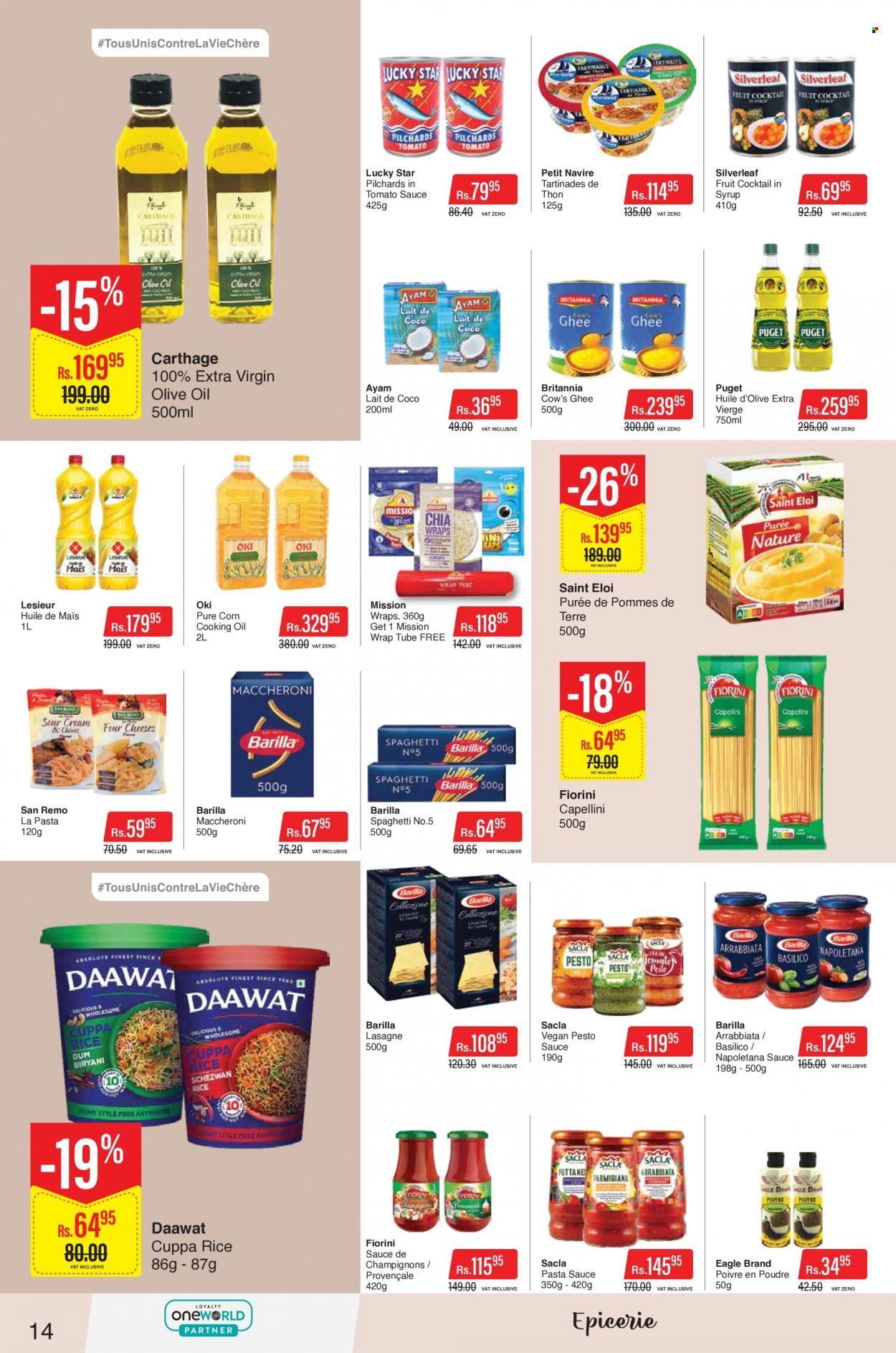 thumbnail - Intermart Catalogue - 24.01.2023 - 8.02.2023 - Sales products - wraps, corn, sardines, spaghetti, pasta sauce, ghee, rice, extra virgin olive oil, olive oil, oil, cooking oil, pesto, Barilla. Page 14.