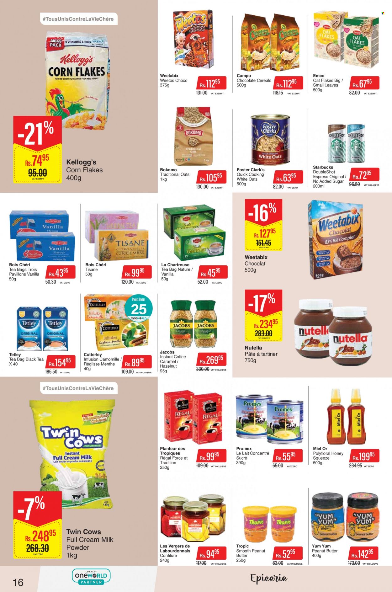 thumbnail - Intermart Catalogue - 24.01.2023 - 8.02.2023 - Sales products - milk powder, chocolate, Kellogg's, oats, cereals, corn flakes, Weetabix, caramel, honey, tea bags, coffee, instant coffee, Jacobs, Starbucks, Nutella. Page 16.