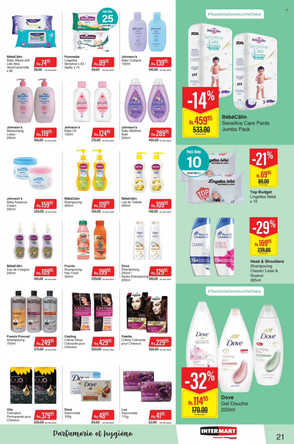 thumbnail - Intermart Catalogue - 24.01.2023 - 8.02.2023 - Sales products - Dove, oil, wipes, pants, baby wipes, Johnson's, baby oil, Lux, Head & Shoulders, Palette, Fructis, body lotion, cologne, Franck Provost. Page 21.