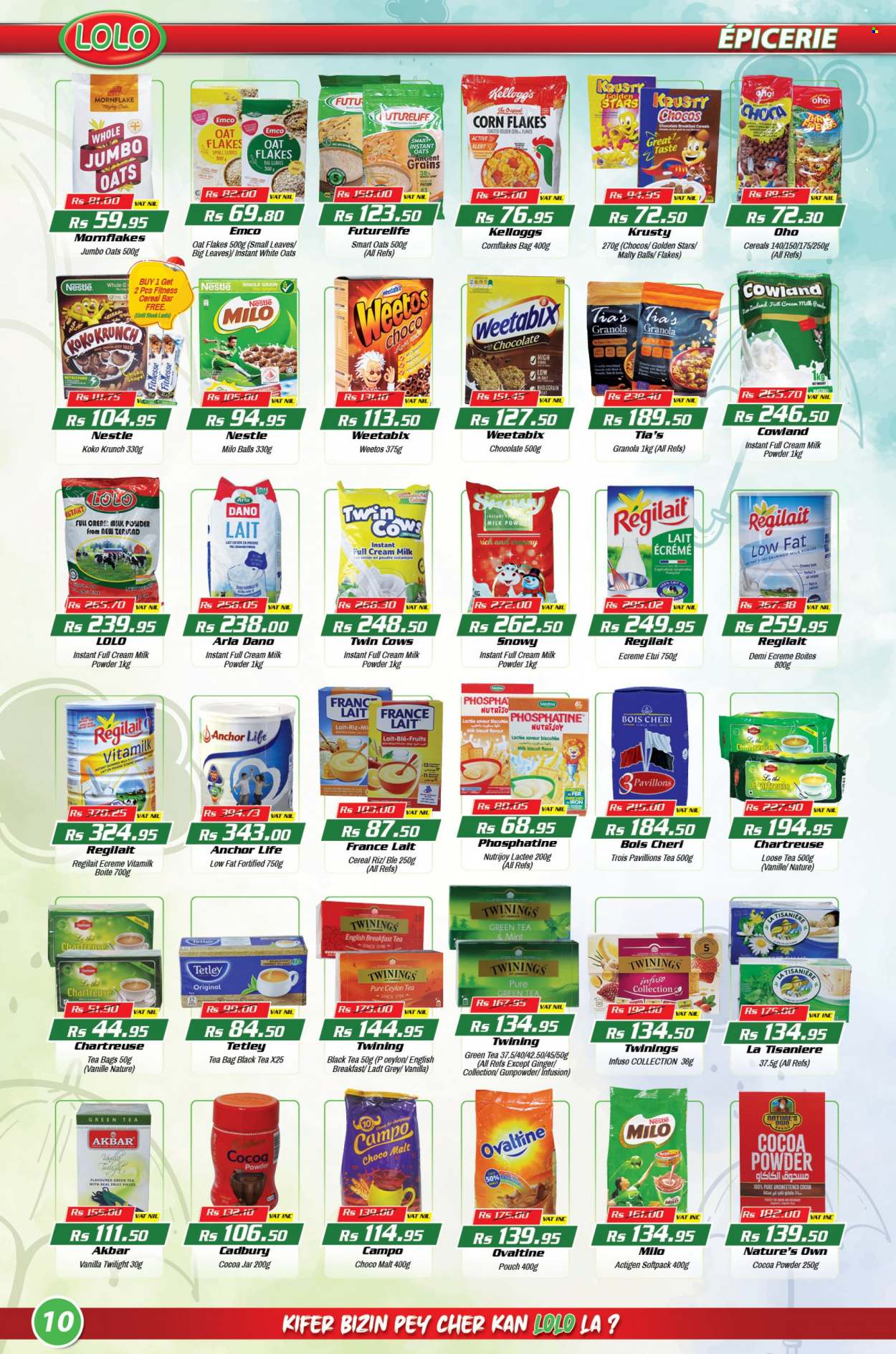 thumbnail - LOLO Hyper Catalogue - 26.01.2023 - 15.02.2023 - Sales products - ginger, Arla, Milo, milk powder, Anchor, chocolate, cereal bar, Kellogg's, biscuit, Cadbury, oats, malt, cereals, corn flakes, Weetabix, green tea, tea bags, Twinings, pants, jar, Nature's Own, granola, Nestlé. Page 10.