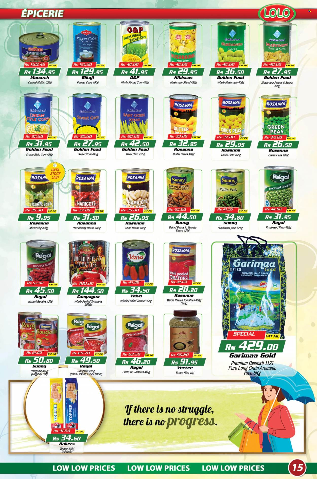 thumbnail - LOLO Hyper Catalogue - 26.01.2023 - 15.02.2023 - Sales products - mushrooms, beans, tomatoes, peas, sweet corn, paneer, kidney beans, baked beans, cereals, basmati rice, brown rice, rice, mutton meat, Bakers. Page 15.