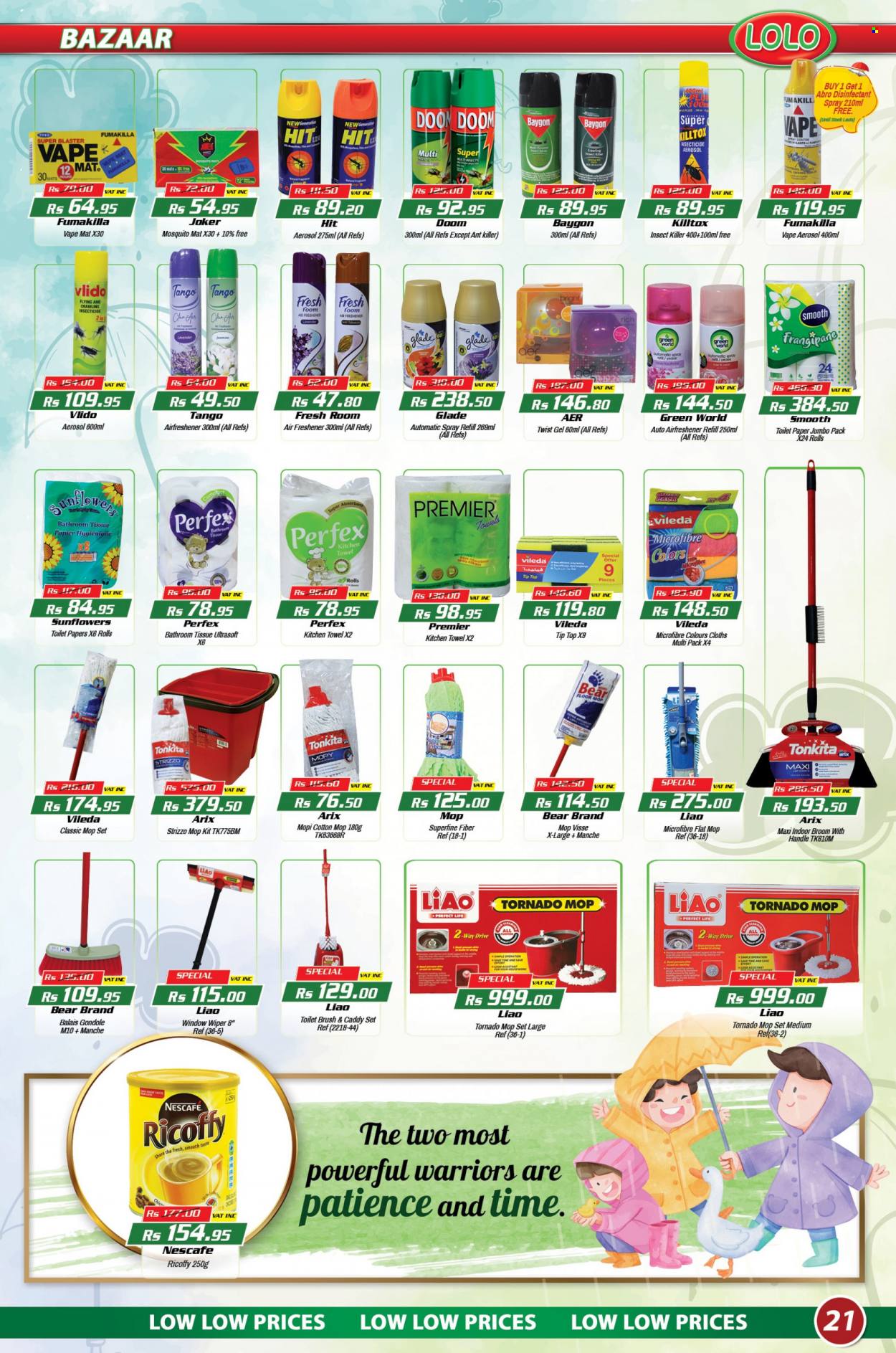 thumbnail - LOLO Hyper Catalogue - 26.01.2023 - 15.02.2023 - Sales products - Tip Top, Ricoffy, bath tissue, toilet paper, kitchen towels, antibacterial spray, insecticide, insect killer, Vileda, mop, broom, toilet brush, air freshener, Glade, Nescafé, desinfection. Page 21.
