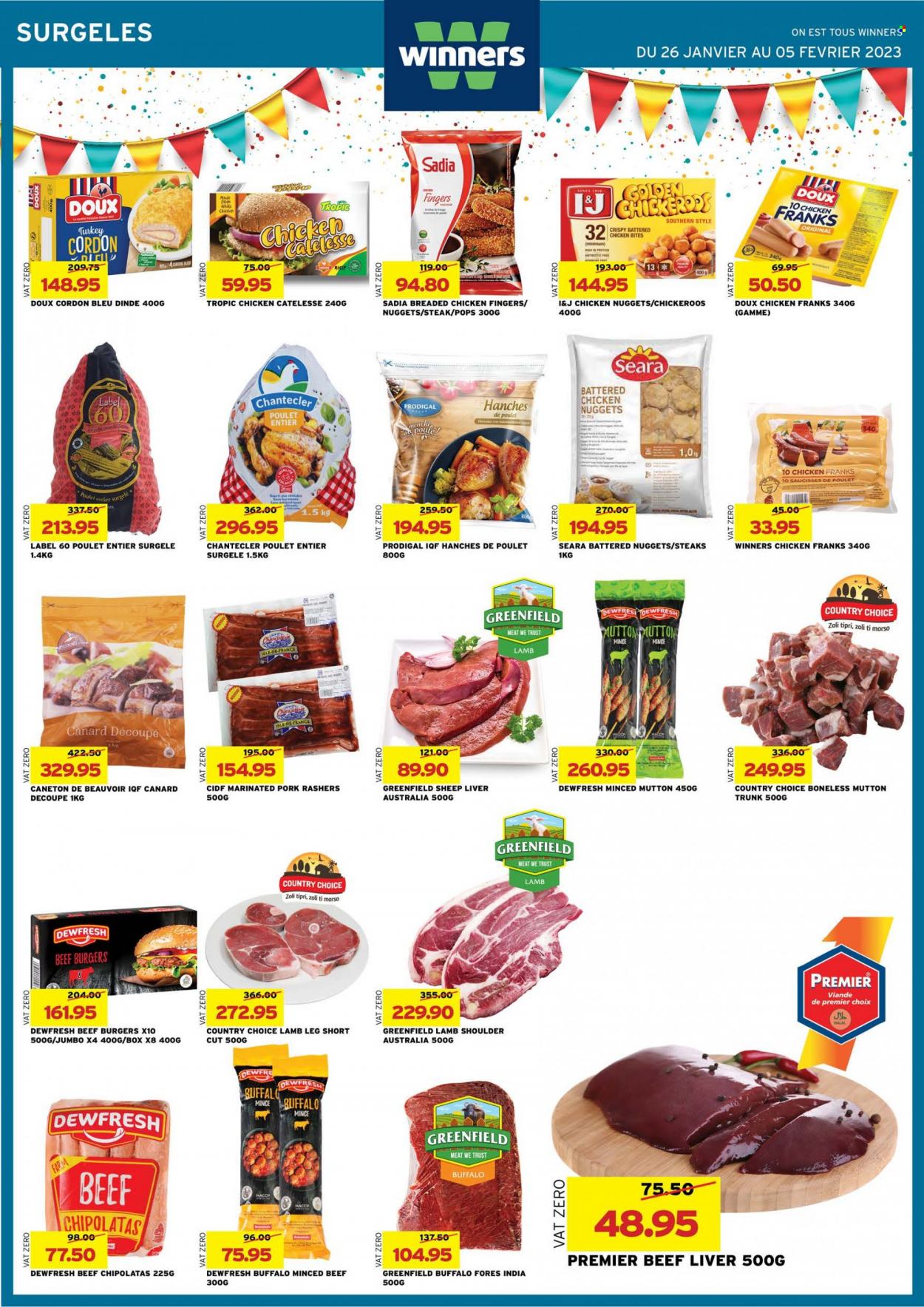 thumbnail - Winner's Catalogue - 26.01.2023 - 5.02.2023 - Sales products - nuggets, hamburger, fried chicken, chicken nuggets, beef burger, chicken frankfurters, chicken bites, beef liver, beef meat, pork meat, marinated pork, lamb meat, lamb shoulder, mutton meat, lamb leg, Trust, steak, cordon bleu. Page 7.