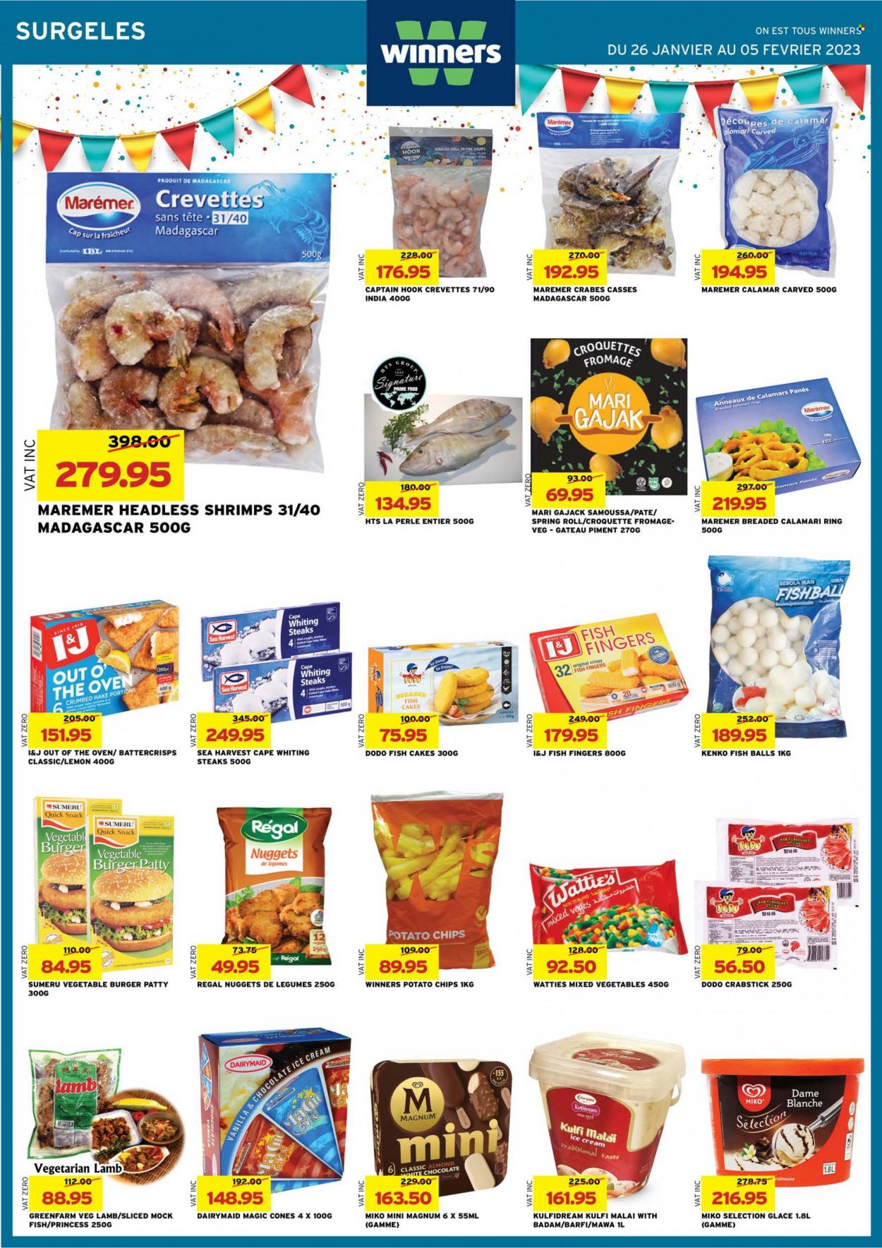 thumbnail - Winner's Catalogue - 26.01.2023 - 5.02.2023 - Sales products - calamari, hake, crab, fish, shrimps, fish fingers, whiting, Sea Harvest, fish sticks, nuggets, hamburger, Wattie's, breaded fish, Out o' the Oven, Magnum, ice cream, mixed vegetables, potato croquettes, fish cake, white chocolate, snack, potato chips, chips, steak. Page 8.