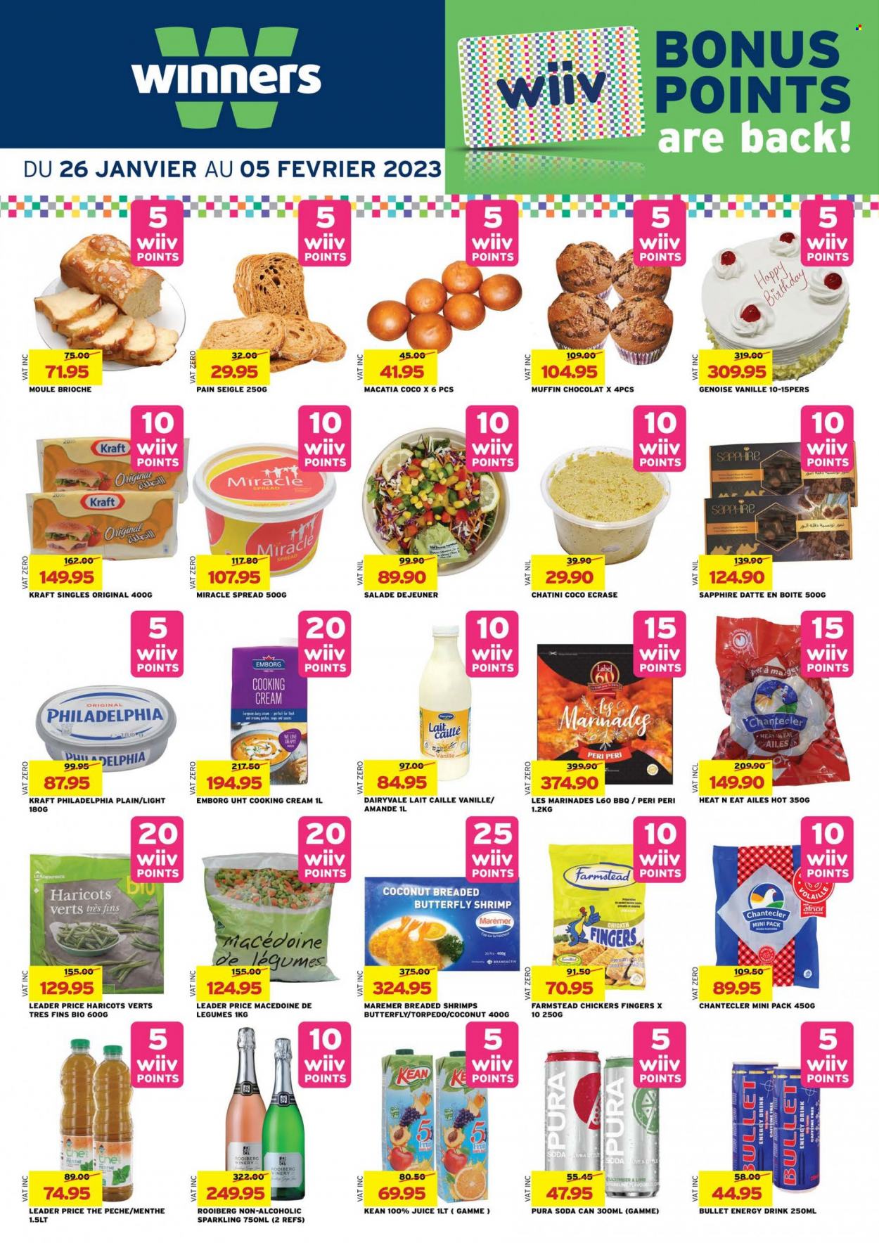 thumbnail - Winner's Catalogue - 26.01.2023 - 5.02.2023 - Sales products - brioche, muffin, shrimps, Kraft®, sandwich slices, Kraft Singles, juice, energy drink, soda, Philadelphia. Page 10.